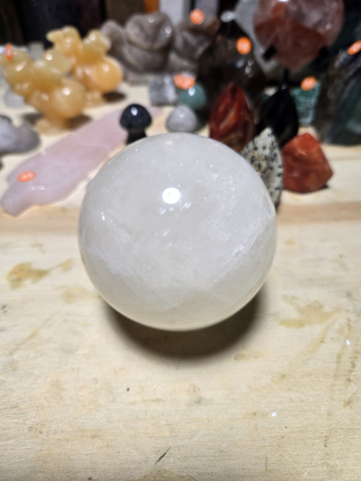 BIG 3in Light Honey Calcite Sphere – amazing rainbows! O33