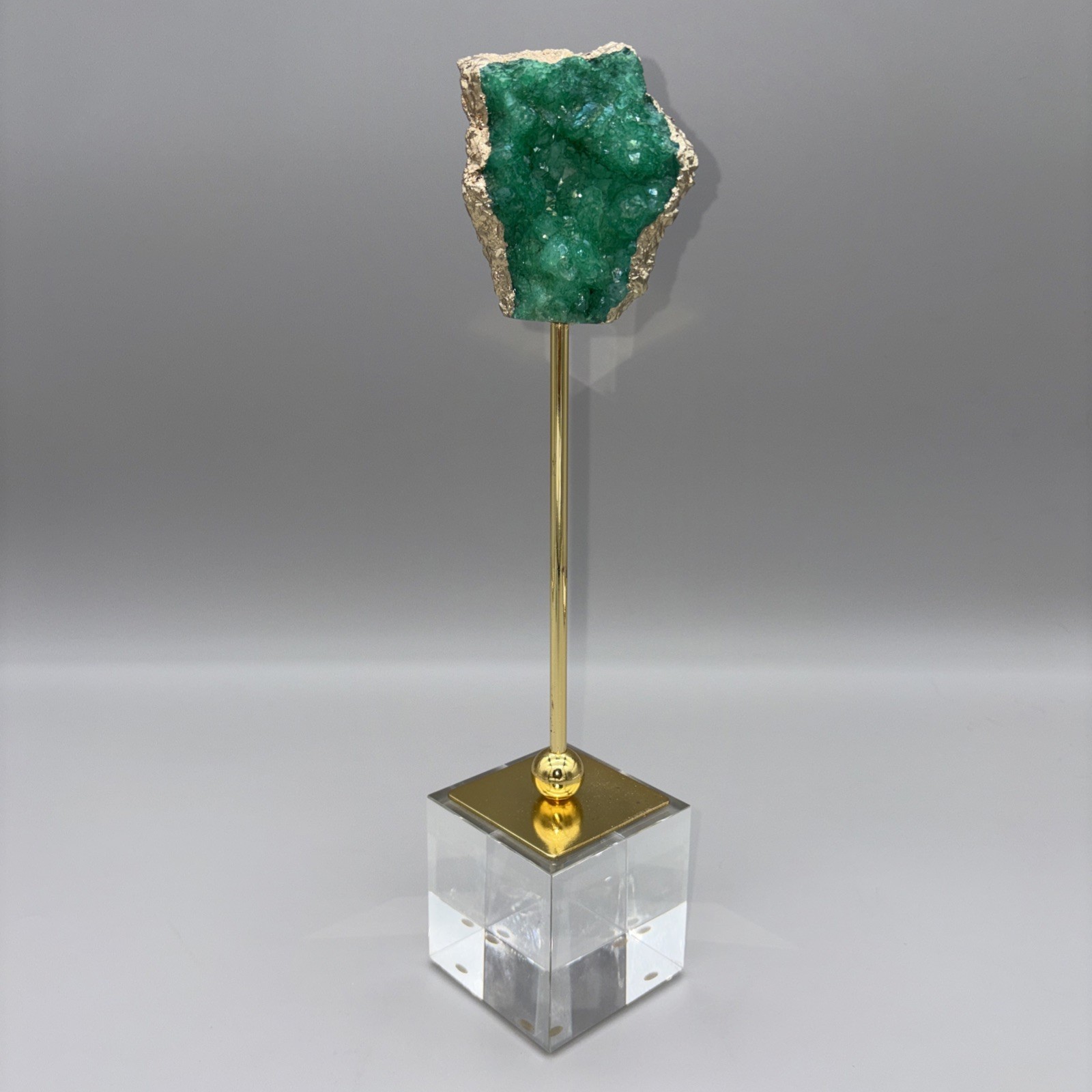 12.5″ Crystal Geode Sculpture Post Stand 12K Gold Plated Edge Acrylic Base Druzy