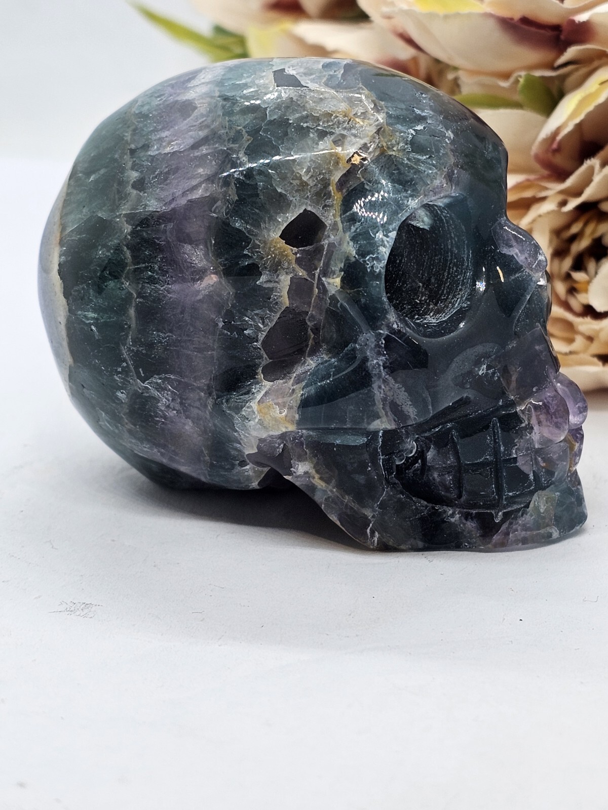Rainbow Fluorite Skull Crystal Carving 317g Purple Green Blue 6.5x 5 x 4.4cm