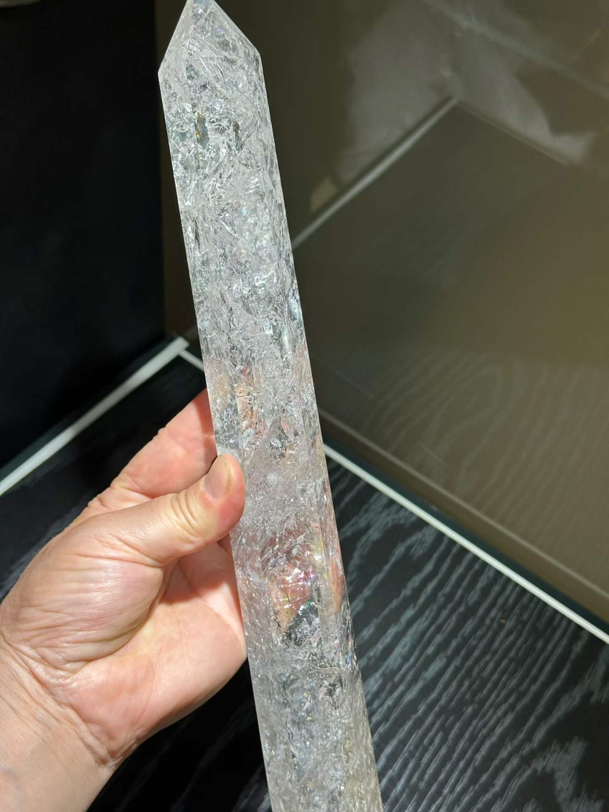 1.92LB Natural Rainbow White Quartz Obelisk Crystal Tower Point Reiki Decor