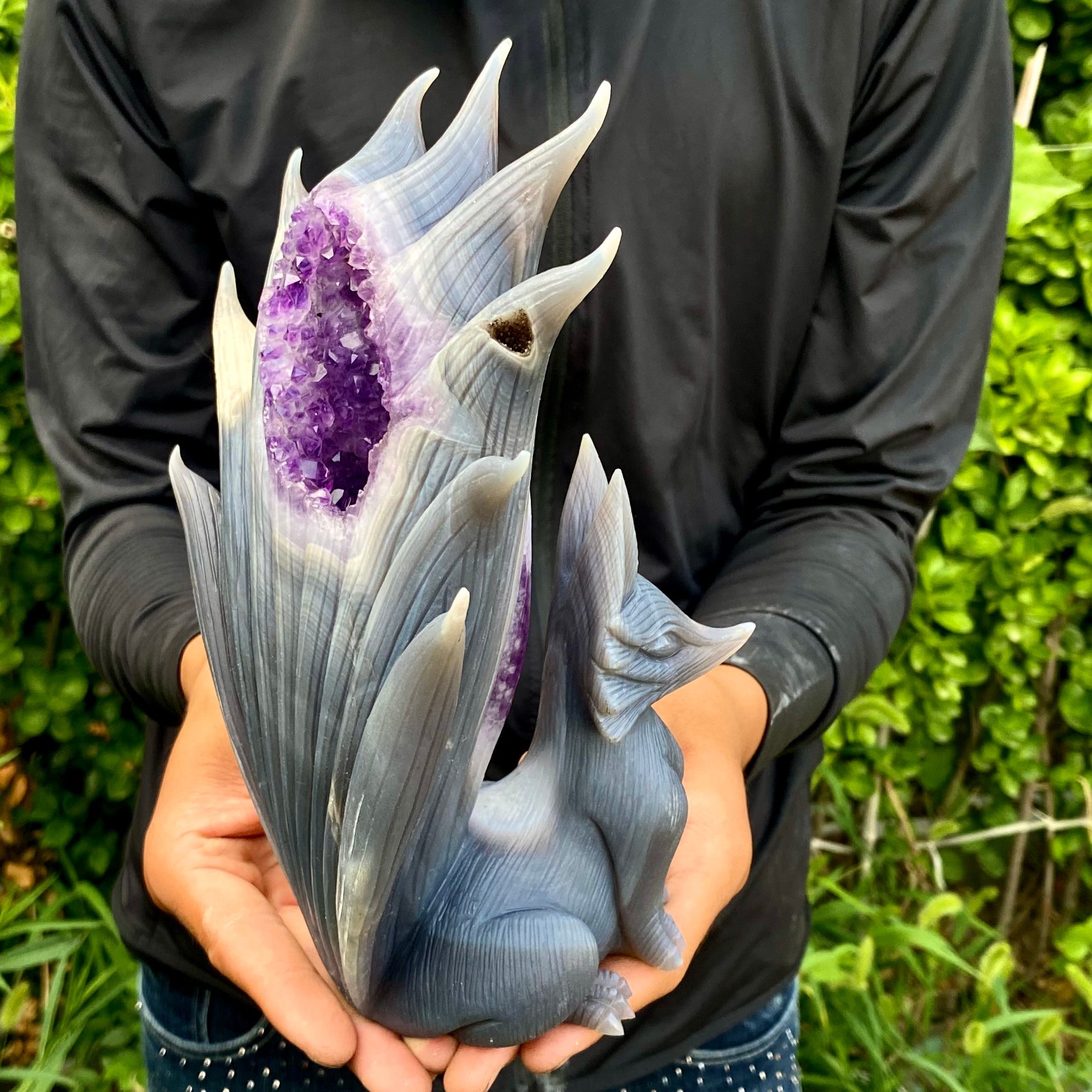 3.99LB Natural Agate Geode Hand Carved Nine-tailed Fox Quartz Crystal Decor
