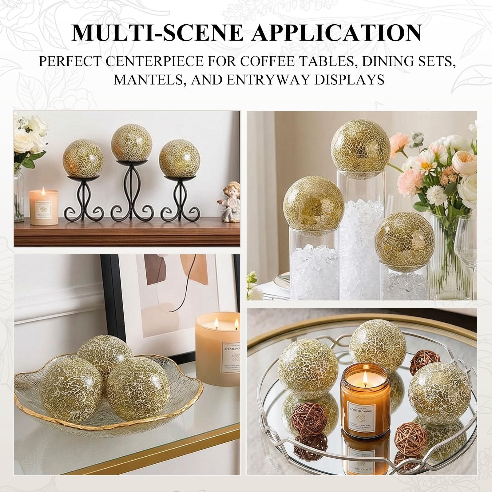 DomeStar 3PCS Decorative Balls, Mosaic Glass Orbs Centerpiece Medium, Gold