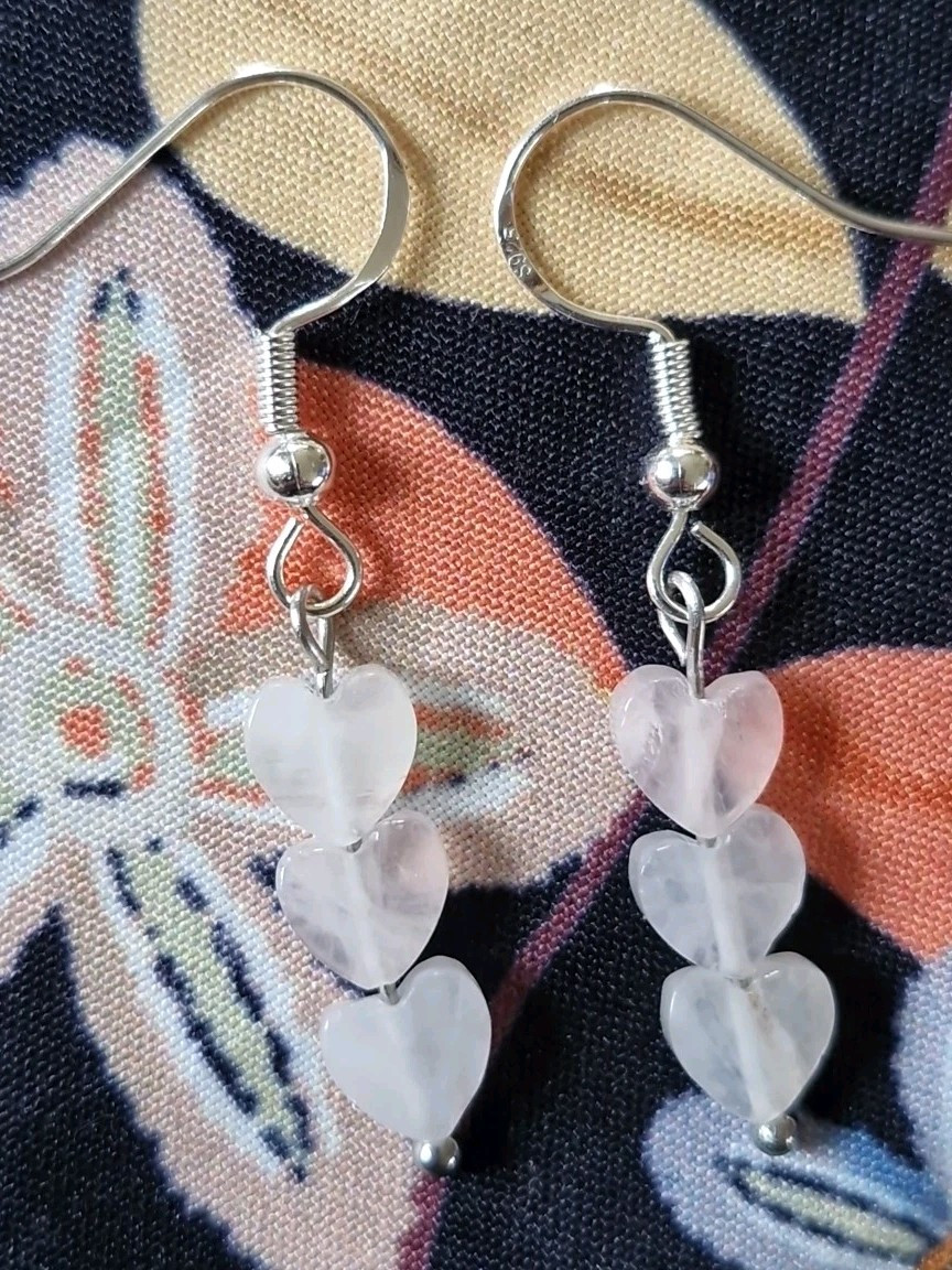 Handmade Rose Quartz Crystal Triple Dangle Heart Earrings 925 Silver Hook