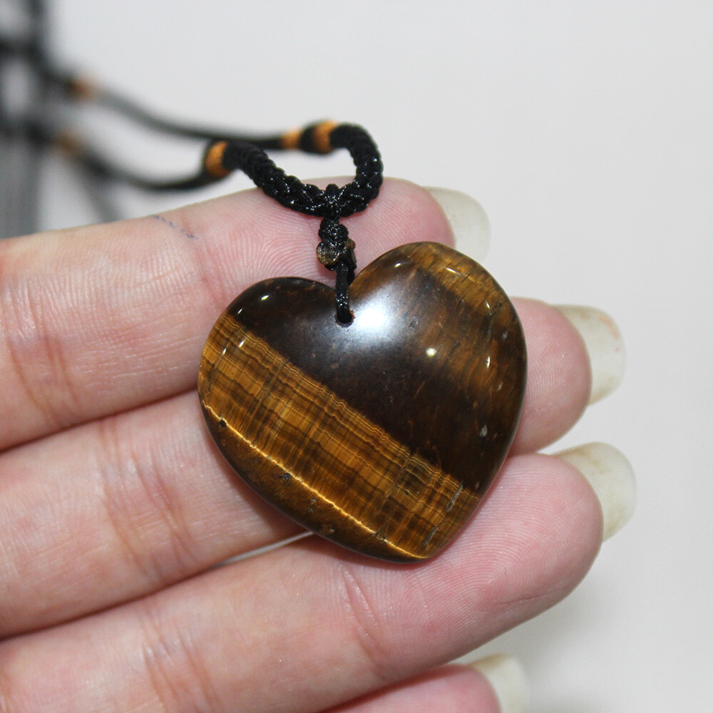 Women Natural Tiger Eye Healing Stone 30MM Heart Shape Pendant Necklace Gift