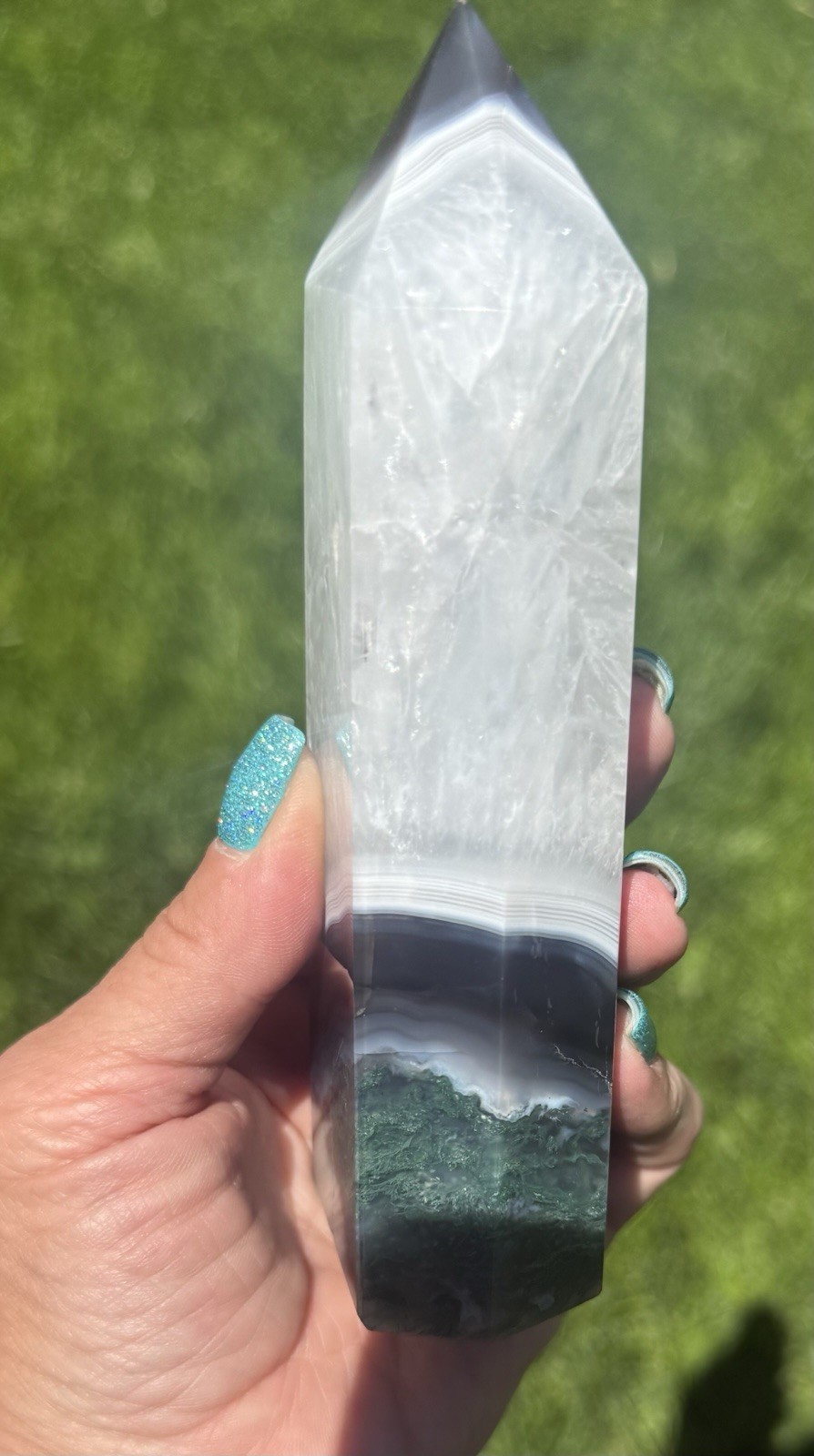 Large Natural Moss Agate in Quartz Crystal Tower White Plume Green Moss 6”