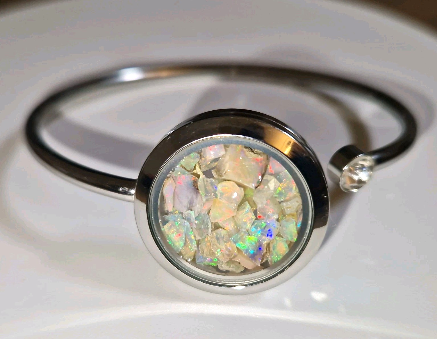 Natural Rough Ethiopian Opal Stainless Steel Bangle Great Colour Play