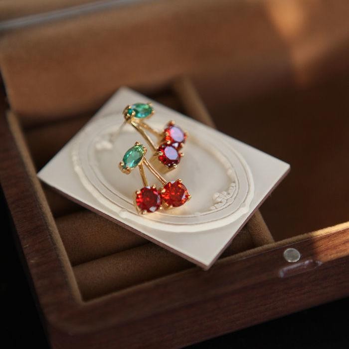 2024 Red Zircon Cherry Leaf Earrings Women Crystal Dangle Party Gift