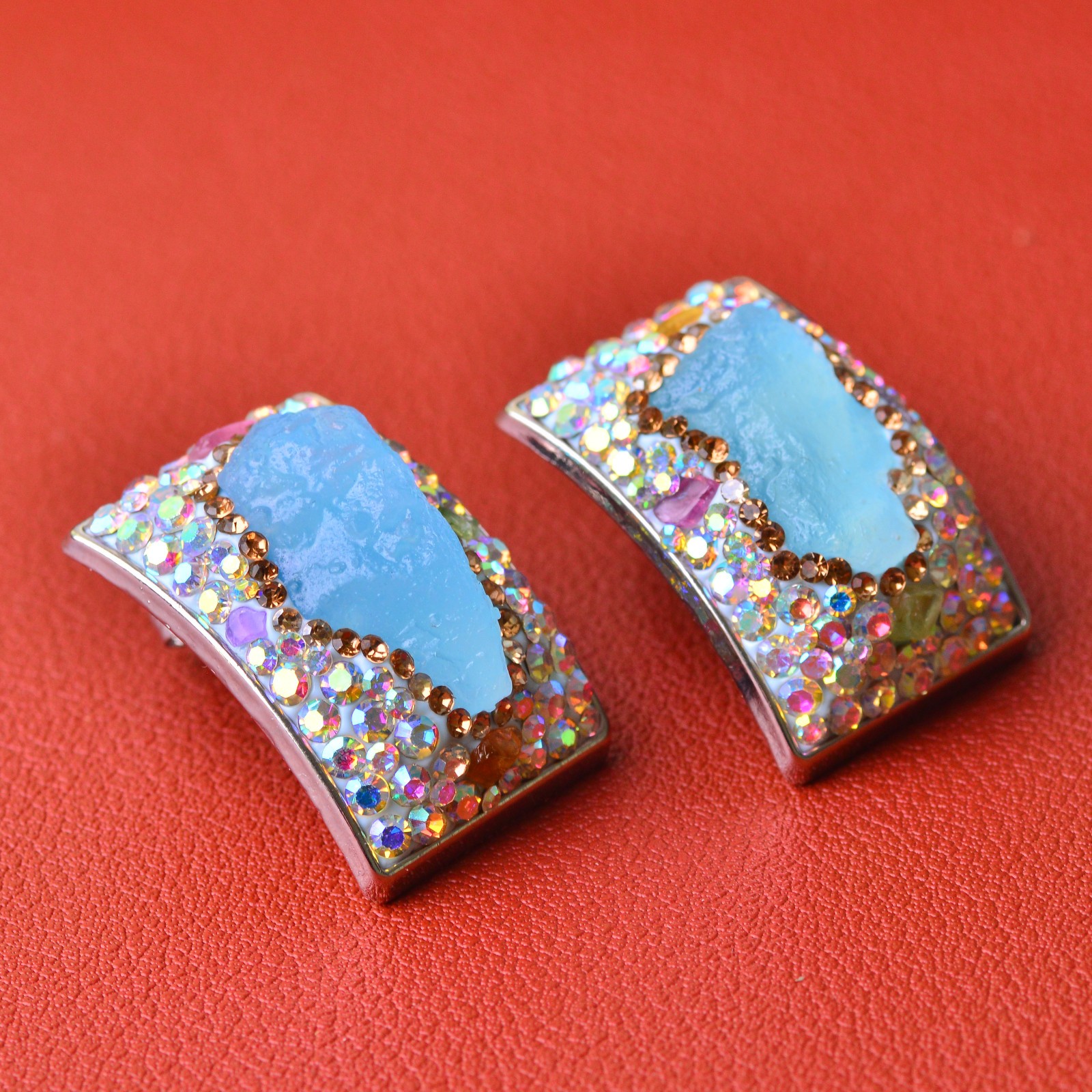 Aquamarine-inlaid alloy ear stud gemstone jewelry Energy Crystal