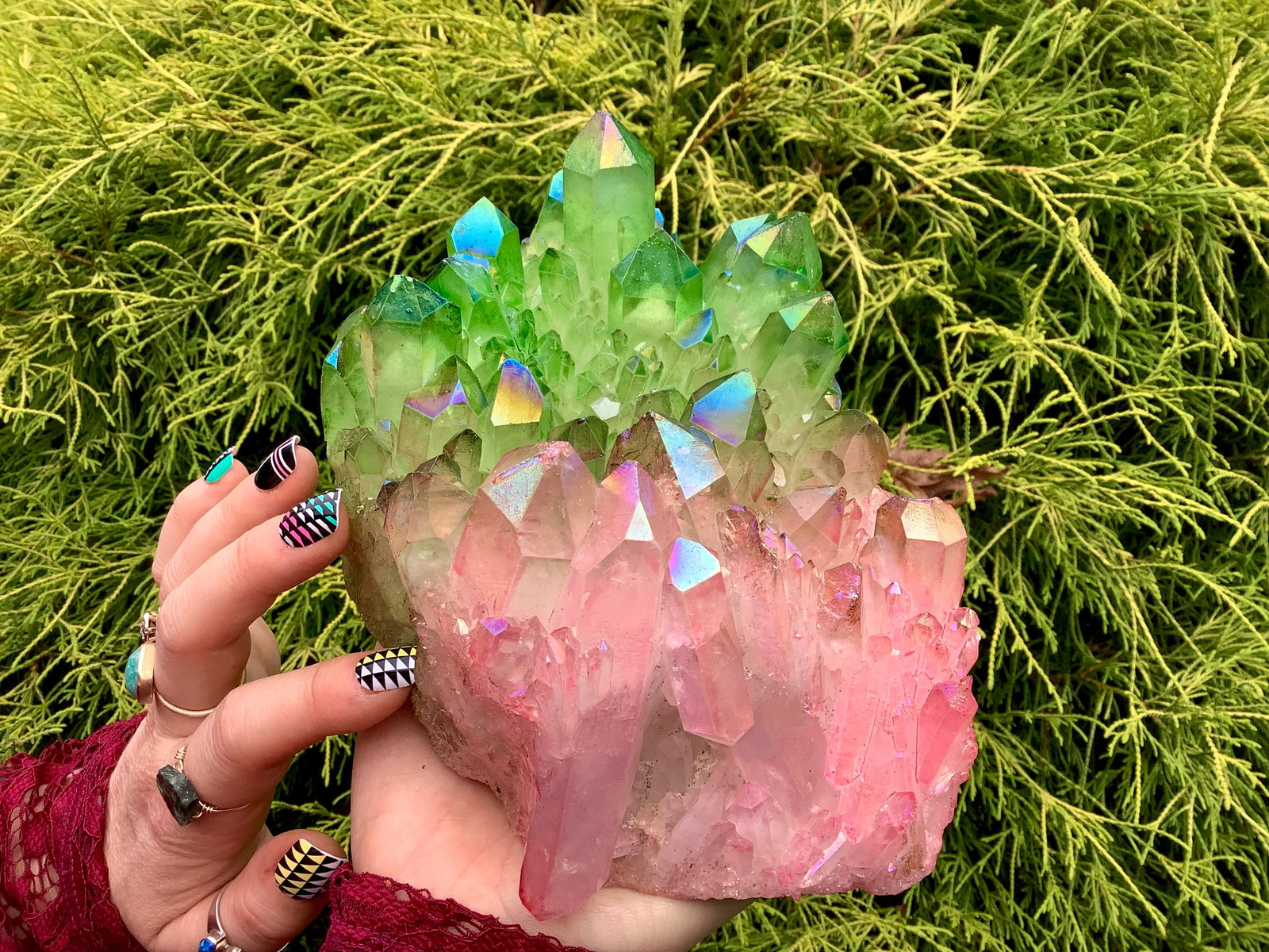 Electric Pink & Green Aura Quartz Crystal Cluster ~ Large 3 Lb. 15 oz. ~ 7″ Lon
