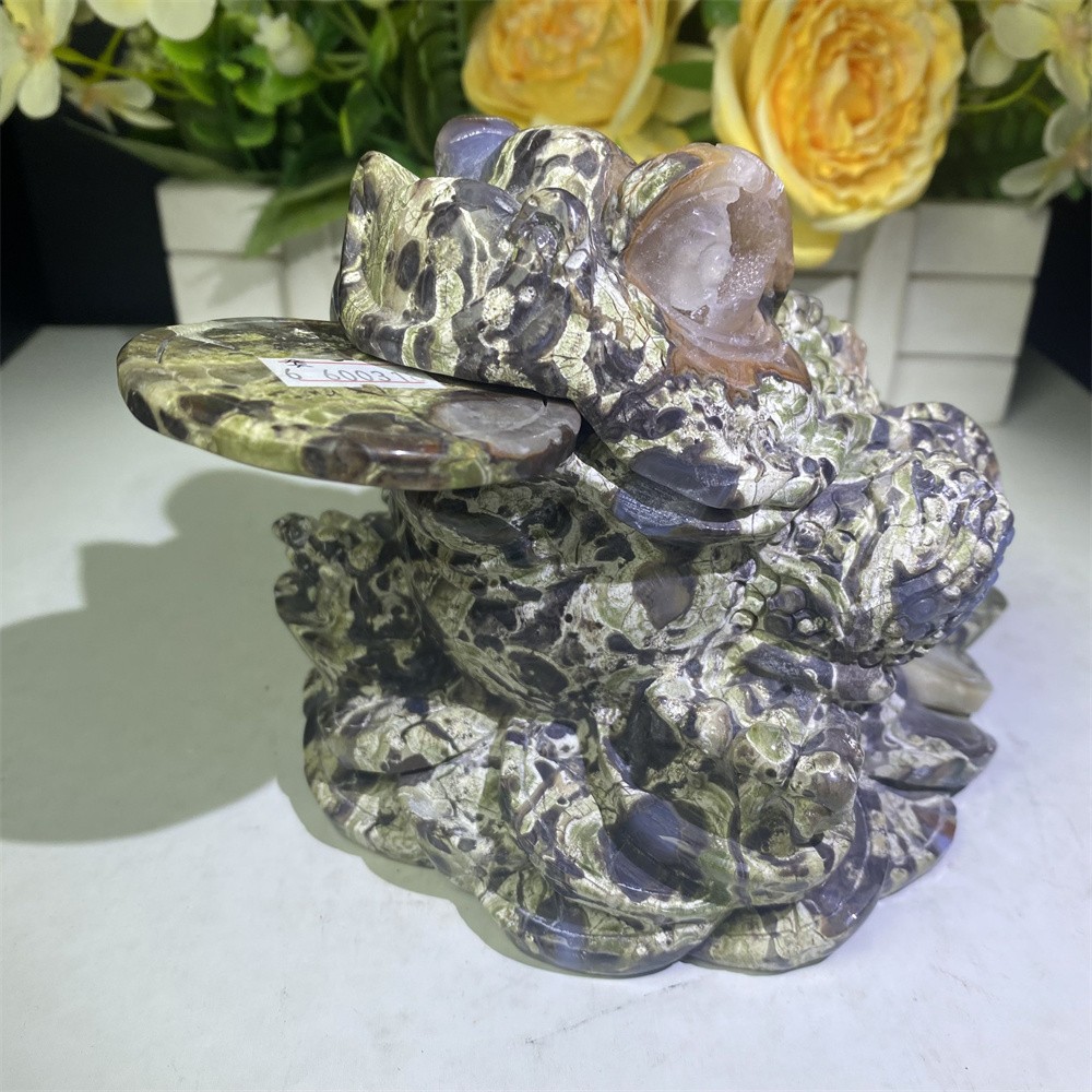 5.6LB 5.9″Natural A+Geode Money Agate Golden Toad Crystal Reiki Carving Decor