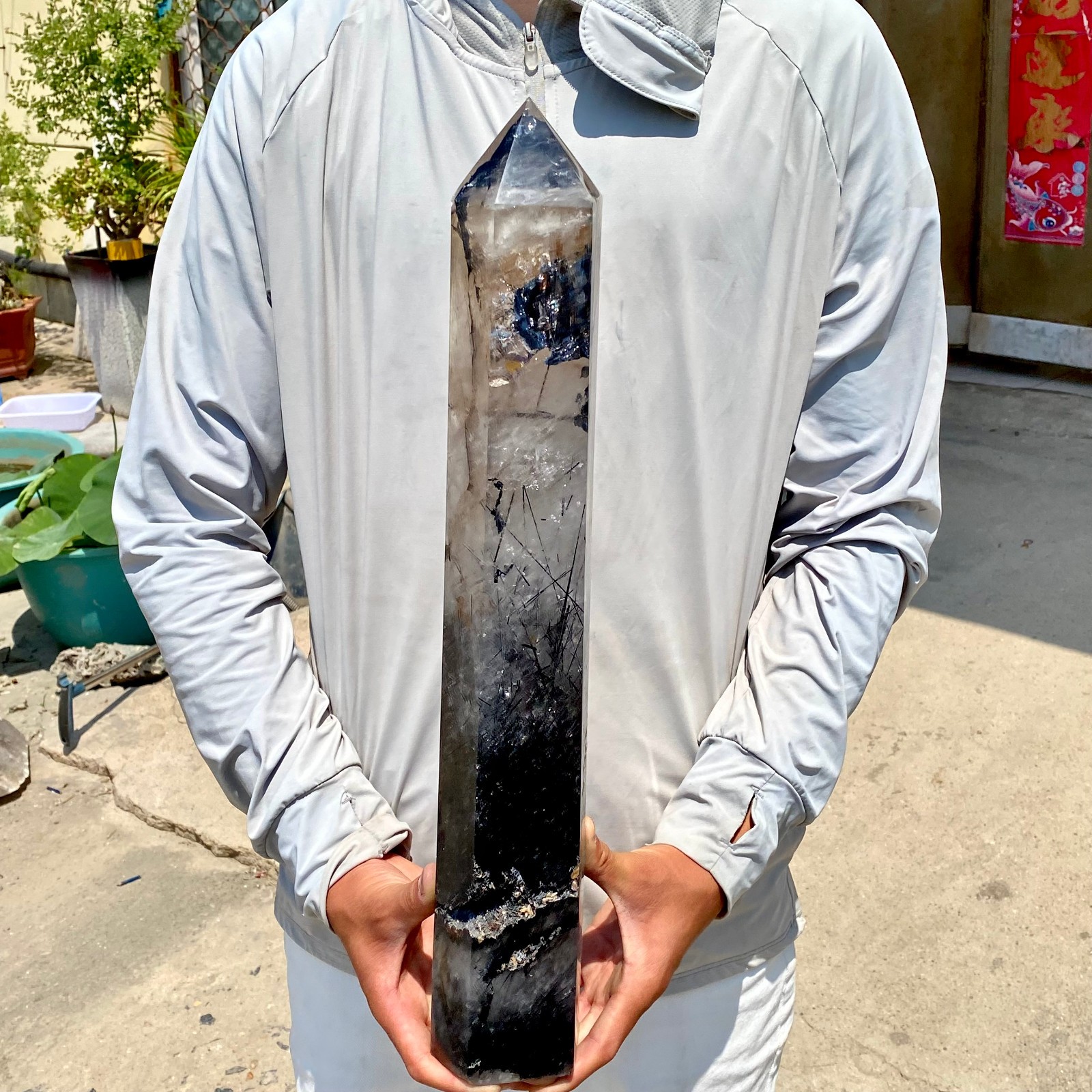 11LB Natural black hair and white crystal symbiotic aura gem mineral point