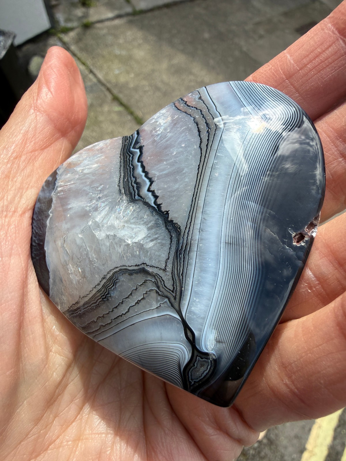 Black and clear banded Botwana Agate Natural Crystal Heart Polished Success 83g