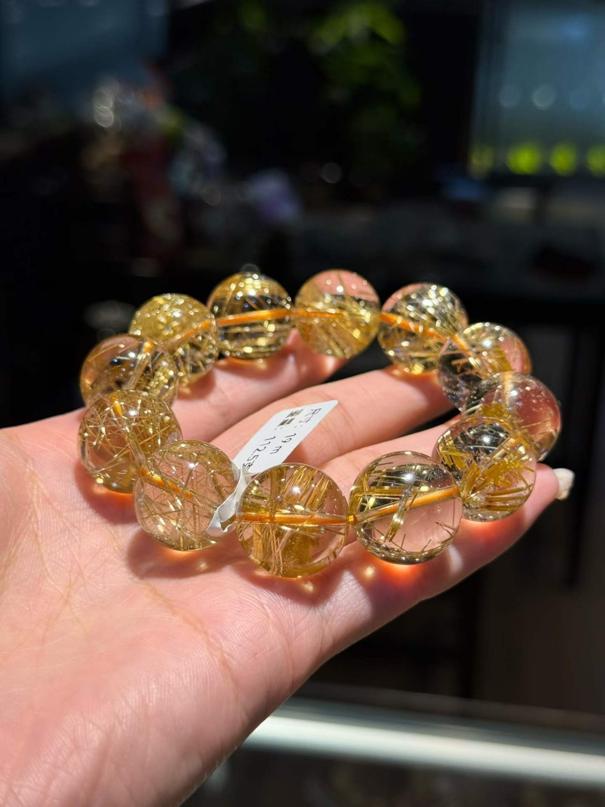 Natural rutilated quartz crystal Beaded Bracelet Gemstone Stretch Bracelet 19mm