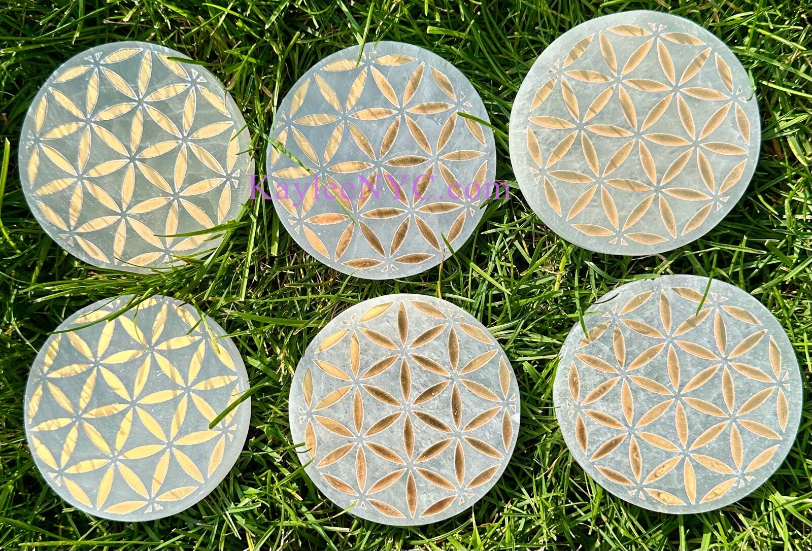 Wholesale 6 PCs Natural Selenite Satin Spar Flower Of Life charging Plate 10cm