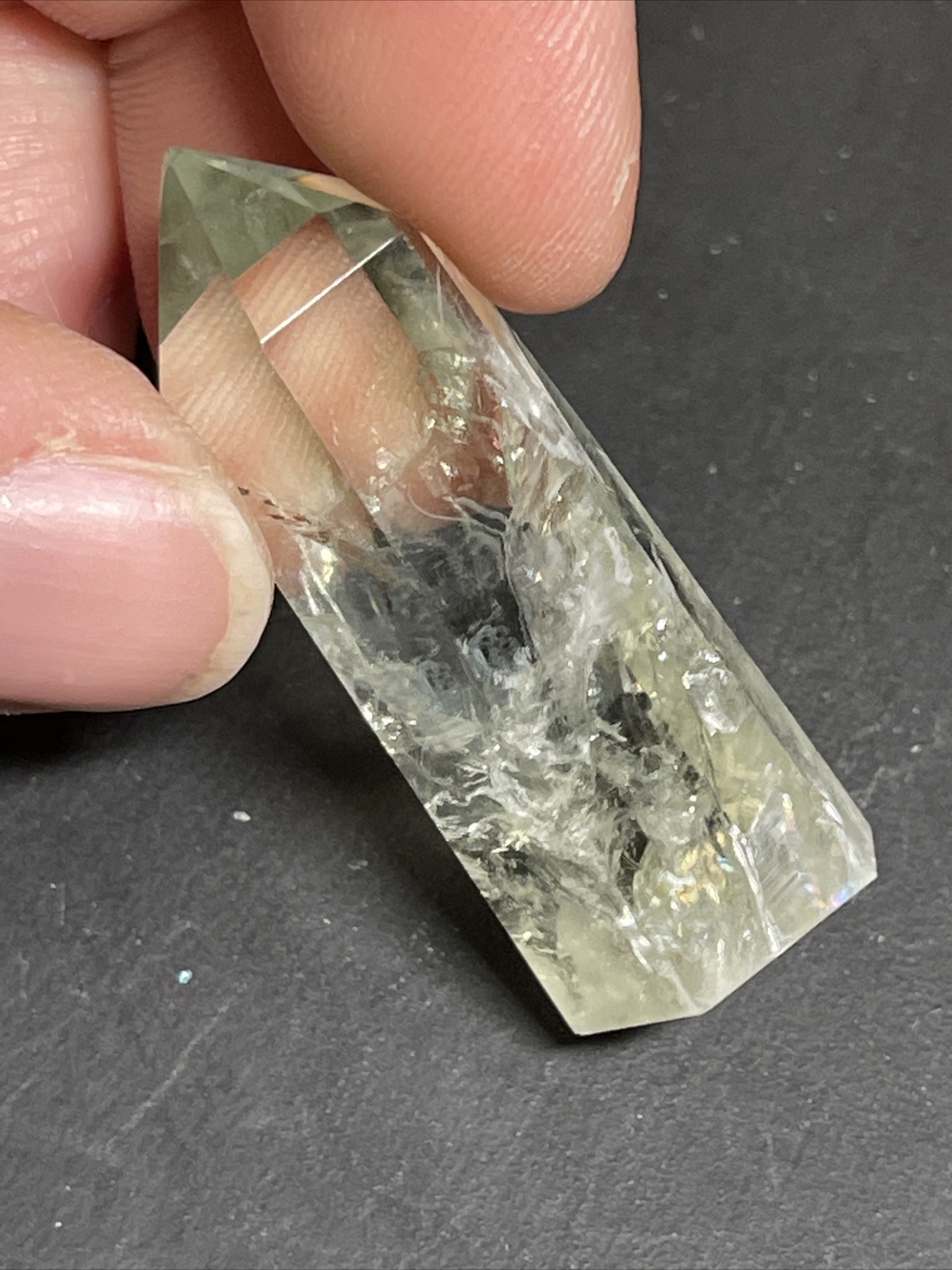 Prasiolite Green Amethyst Tower Point with Rainbows 1.58in Tall 9g