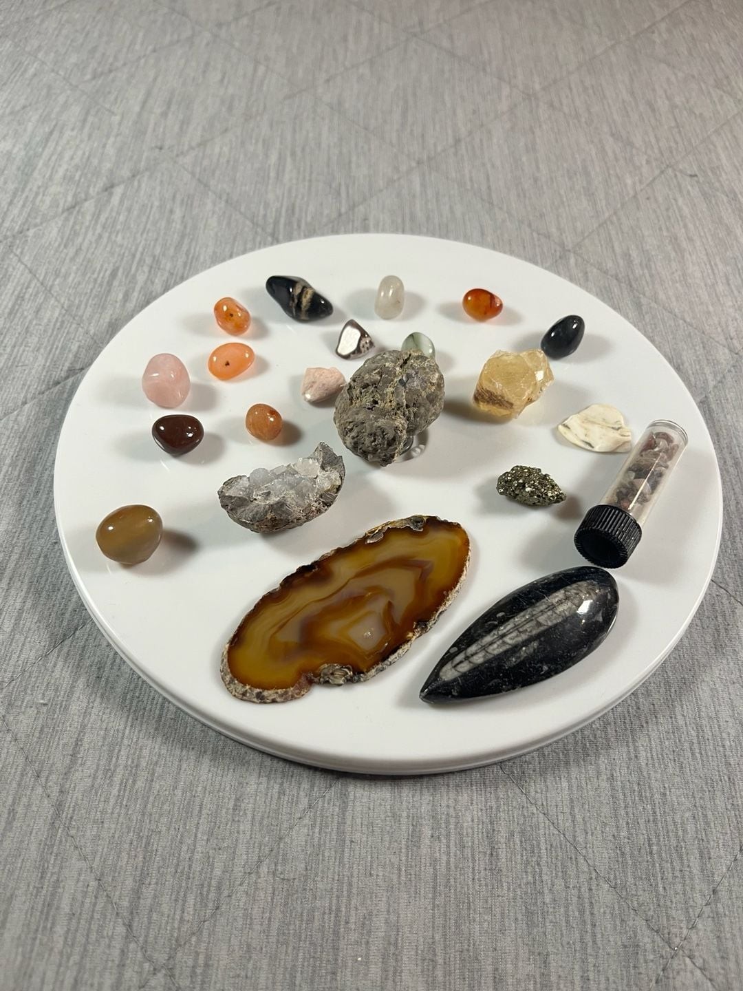 Mixed Mineral and Fossil Collection with Agate Slice, Orthoceras, Pyrite, and Tu
