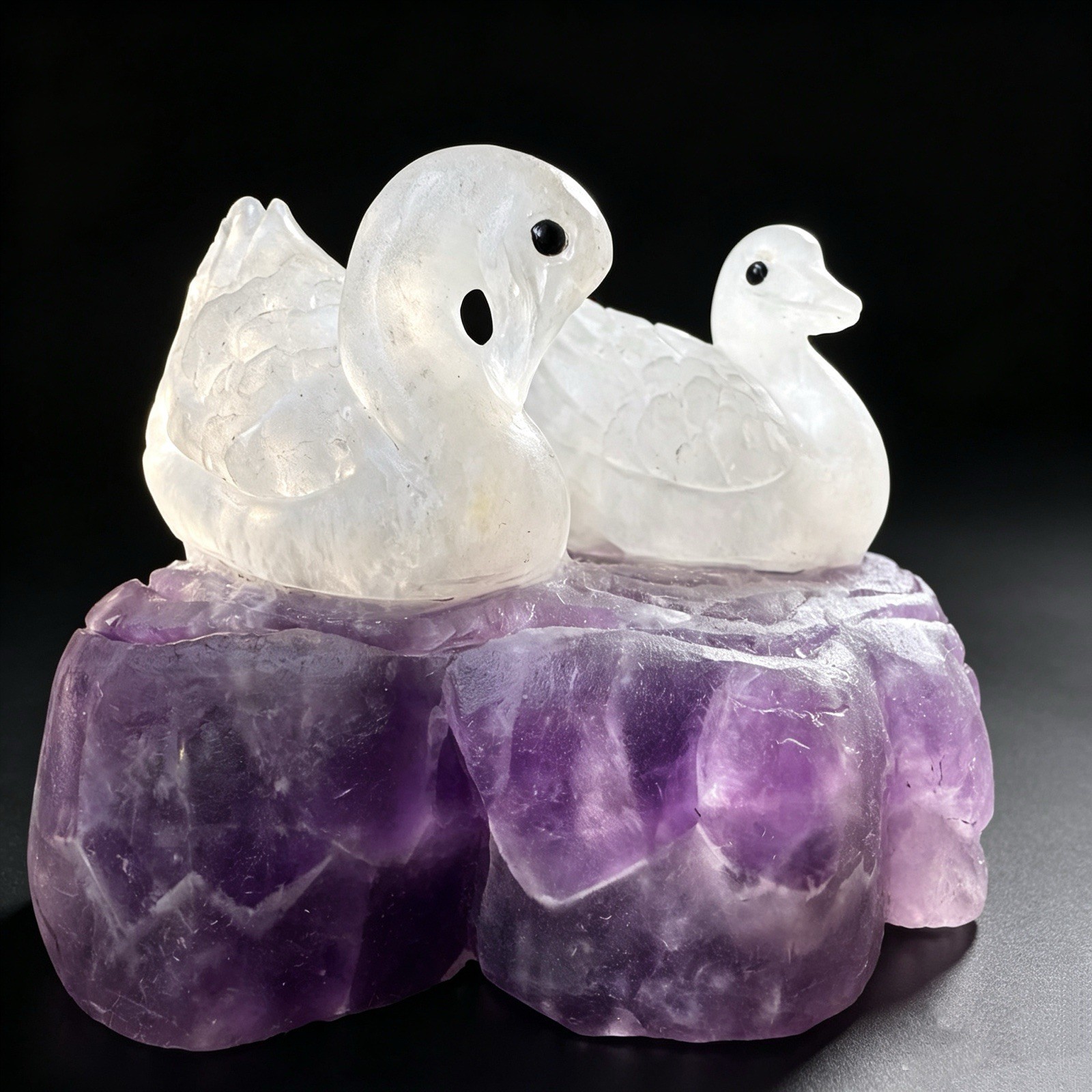 441gTwin Swan Amethyst Sculpture: Soulmate Talisman Carved from Peaceful Stone