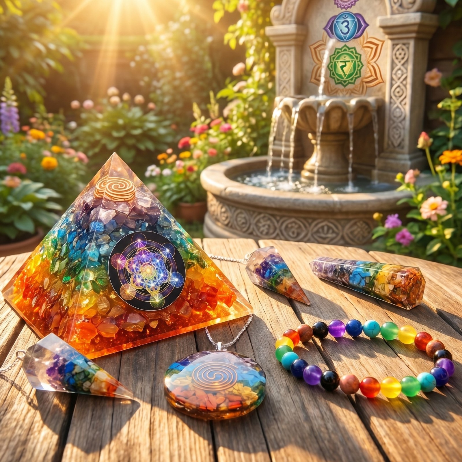 Orgone Pyramid Gift Set (5 Pieces) Rainbow 7 Stone Crystal Resin Reiki Chakra