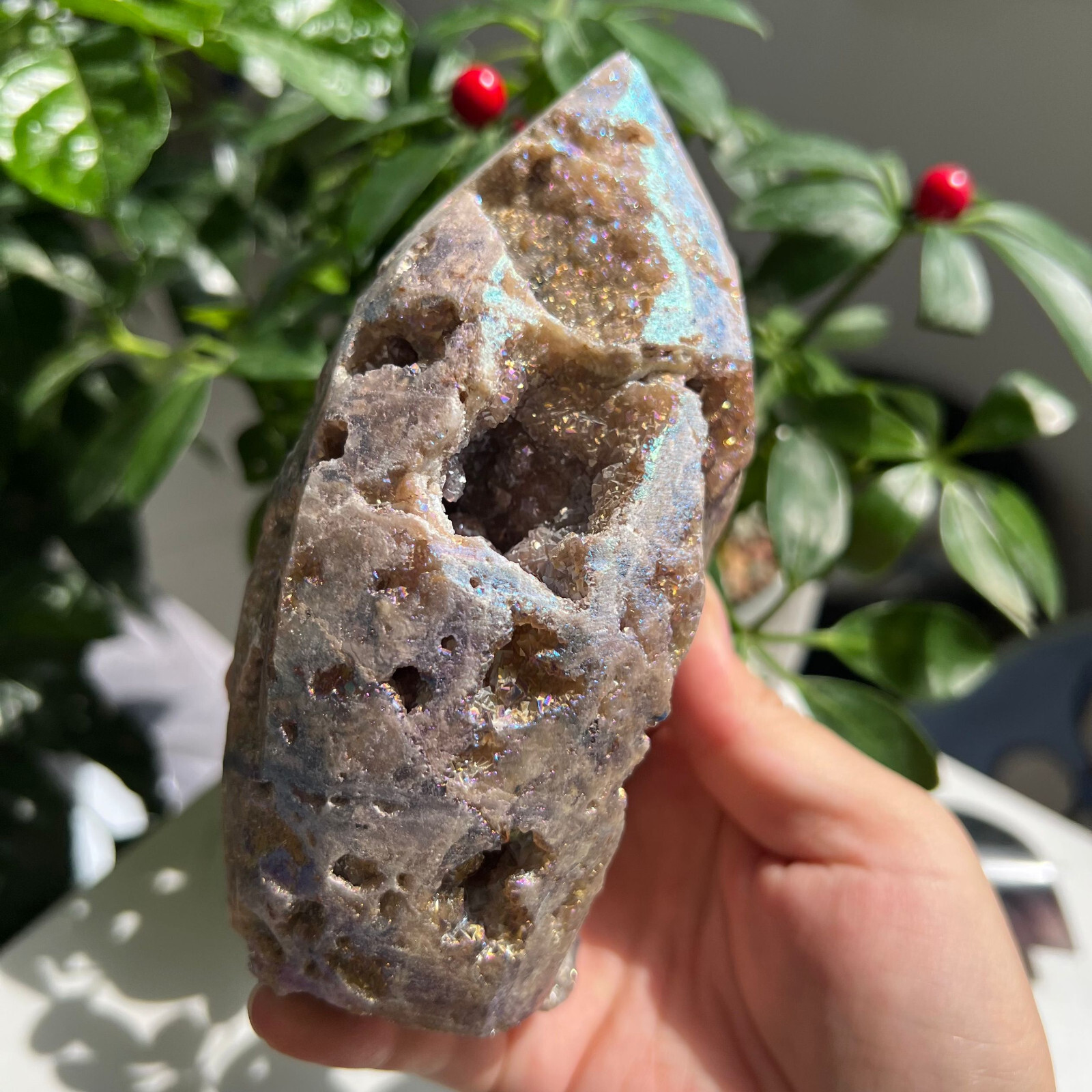 928g Titanium Angel Aura Sphalerite Geode Freeform Point Crystal Specimen