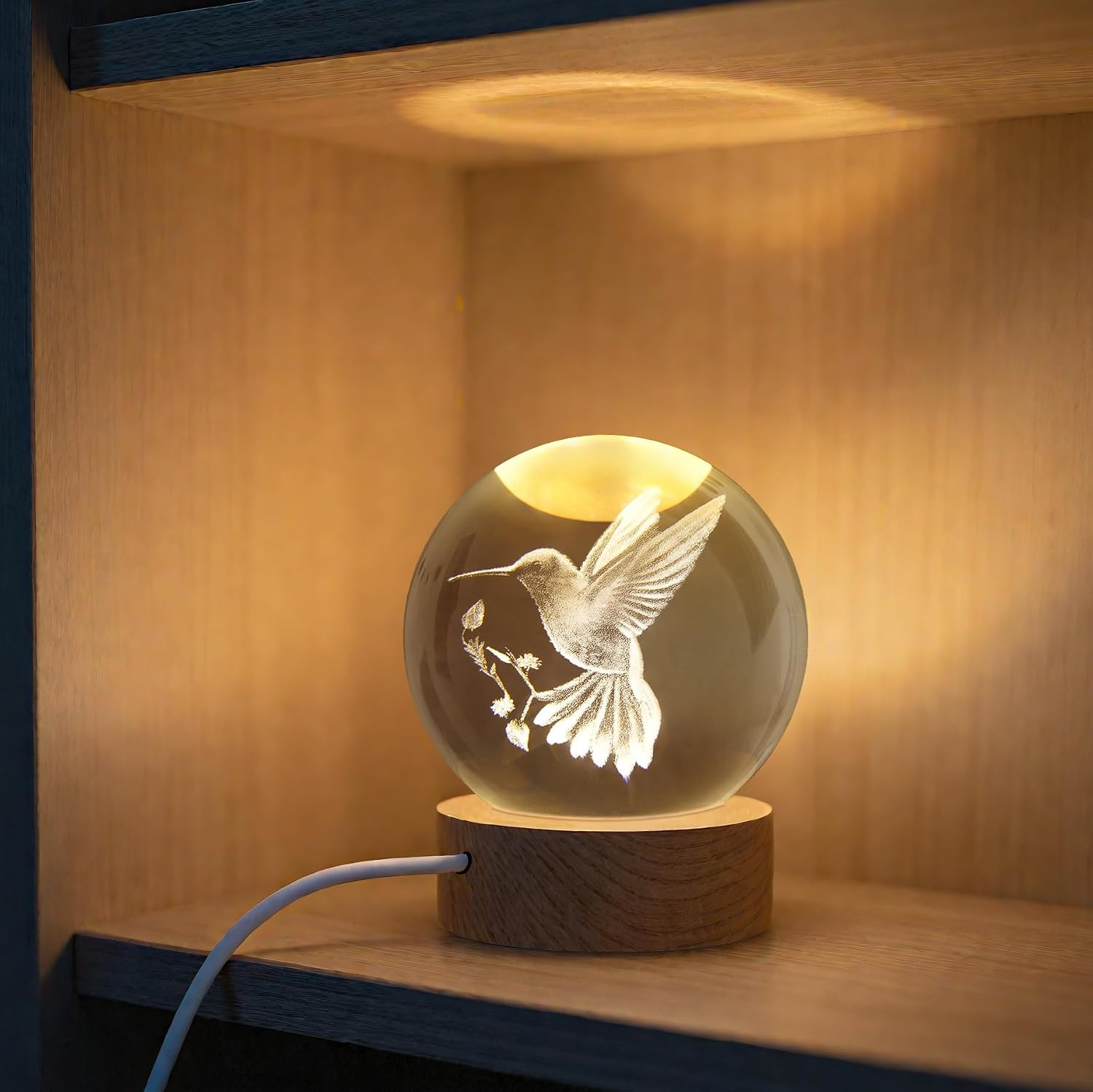 3D Laser Engraved Bird Crystal Ball with LED Stand, 60Mm Hummingbird Figurine