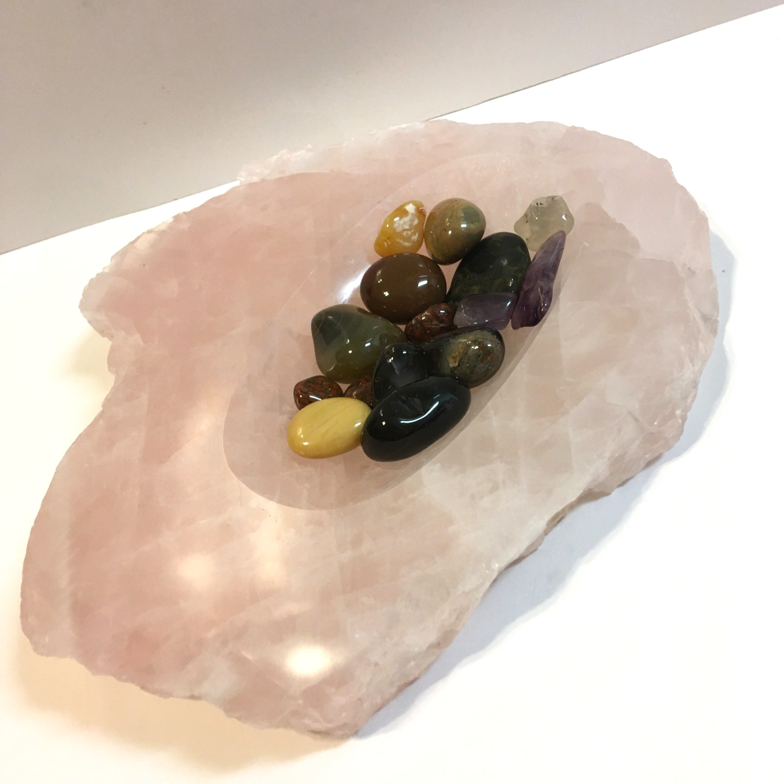 Solid Rose Quartz Crystal Bowl Trinket Dish Pink Gemstone Vanity Tray Raw Edge
