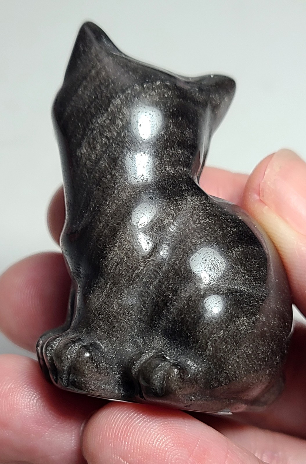 2″ 54g Adorable Silver Sheen Obsidian Sitting Cat Crystal Stone Carving Statue