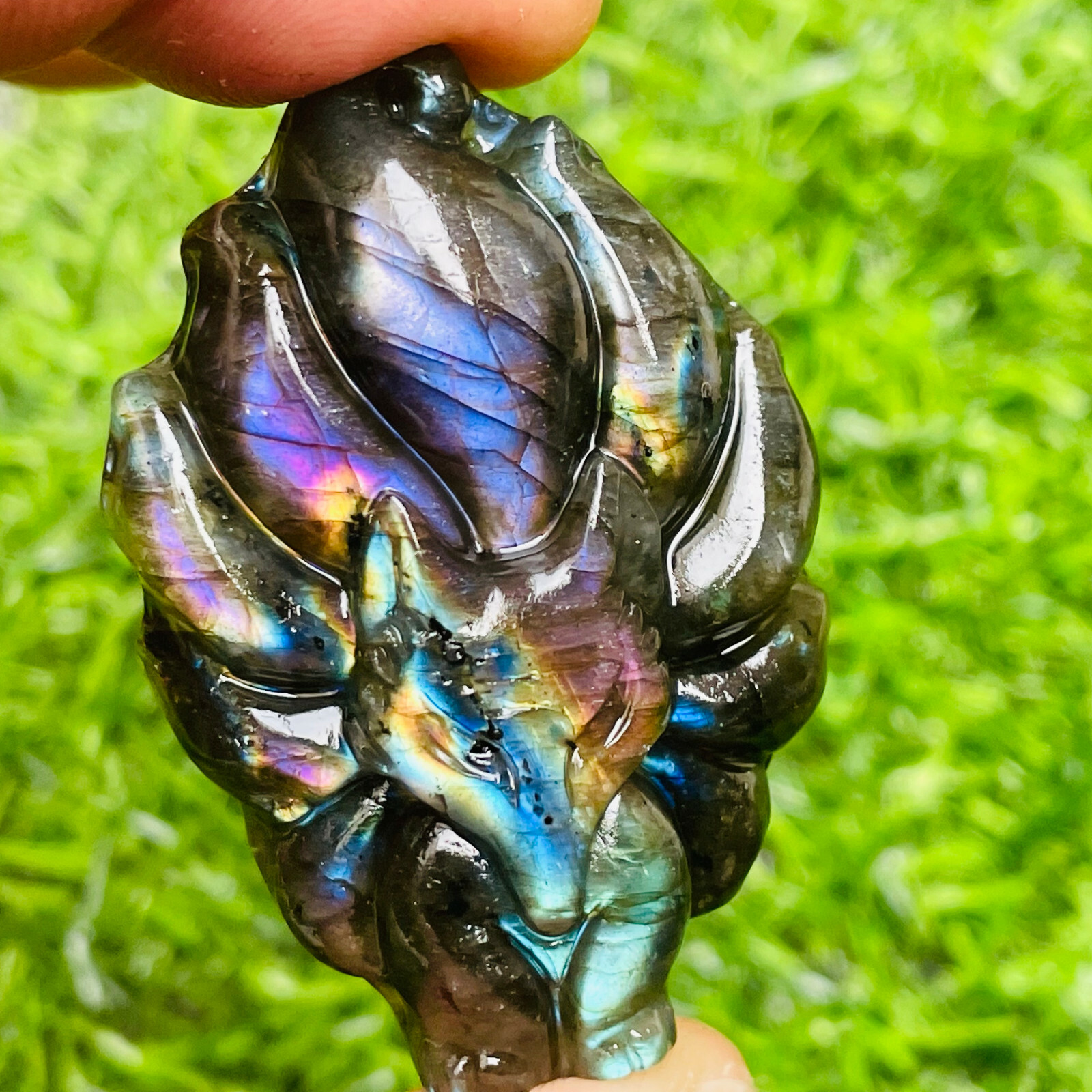 1Pc natural labradorite Quartz nine-tailed fox skull hand carved crystal 1.8″