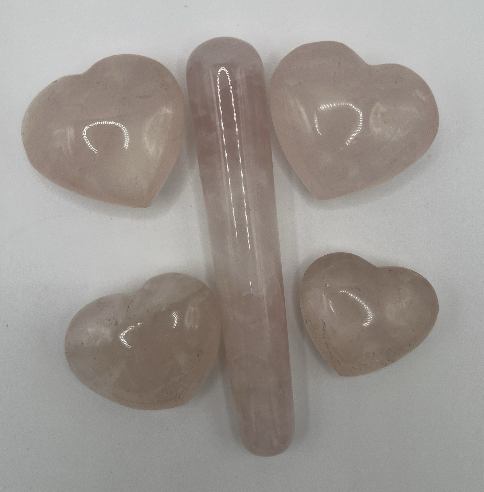 Rose Quartz Polished Pink Heart Crystal Stones and Matching Wand/Stick Set