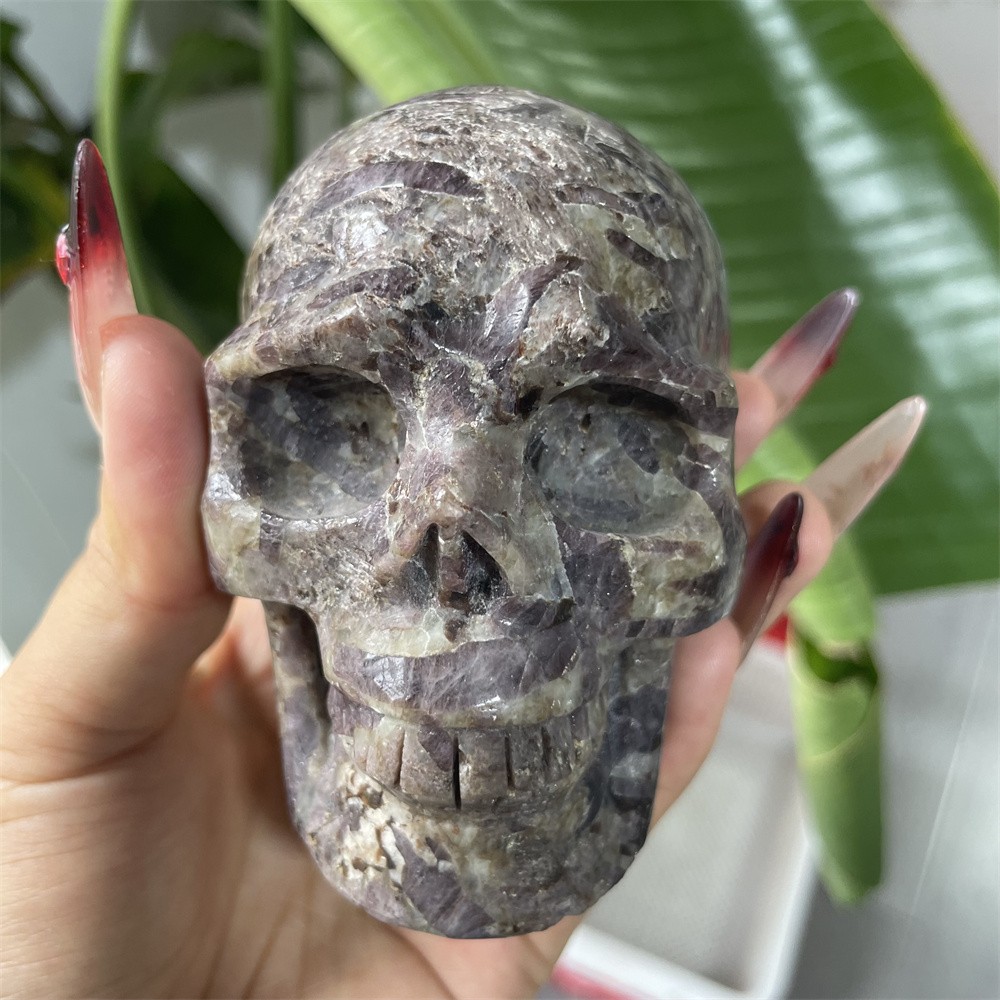 1.6LB 3.4″ Natural A+Lepidolite Skull Statue Crystal Reiki Carving Quartz Decor