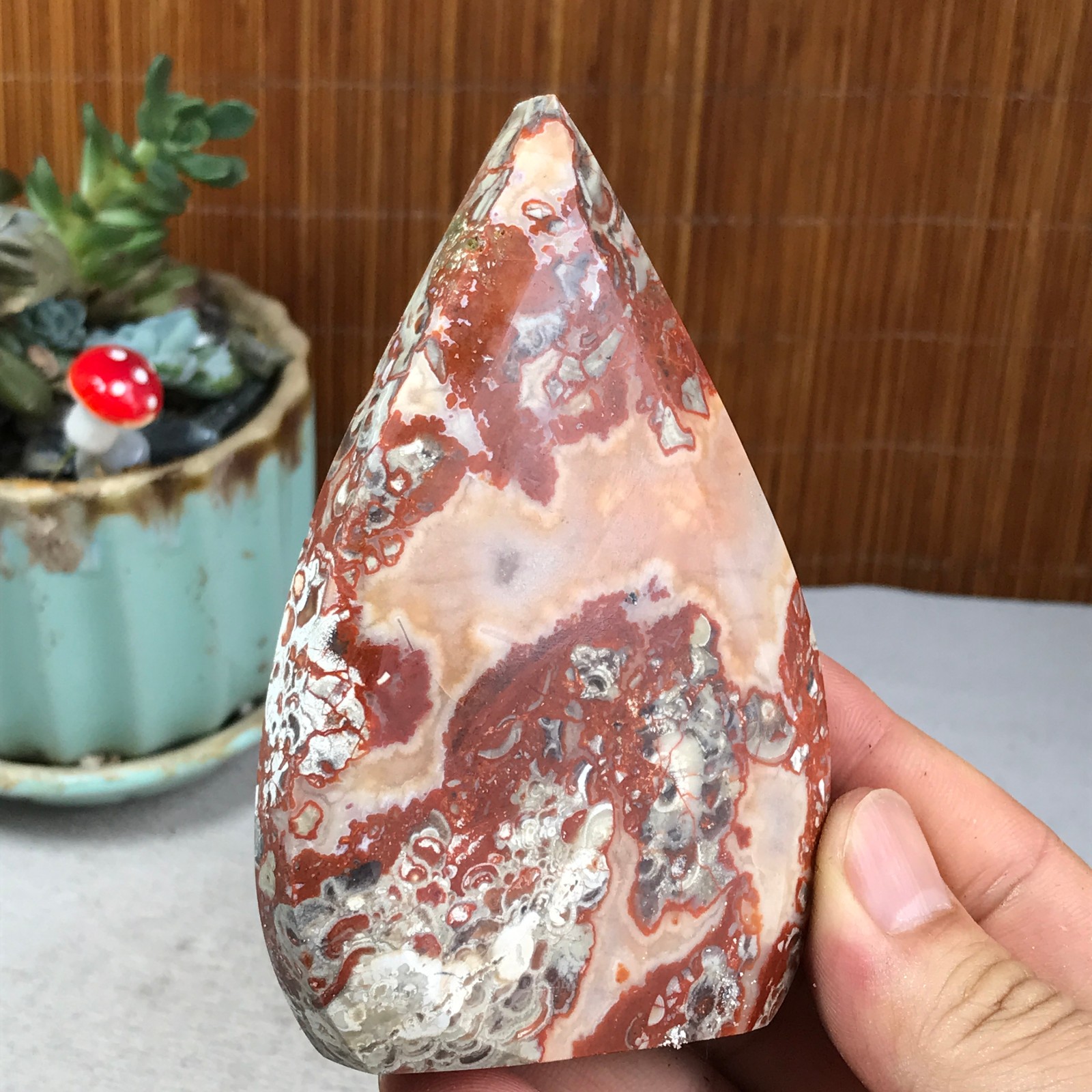 Natural money Mexico agate hand carve leaf Crystal Specimen free standing A6263
