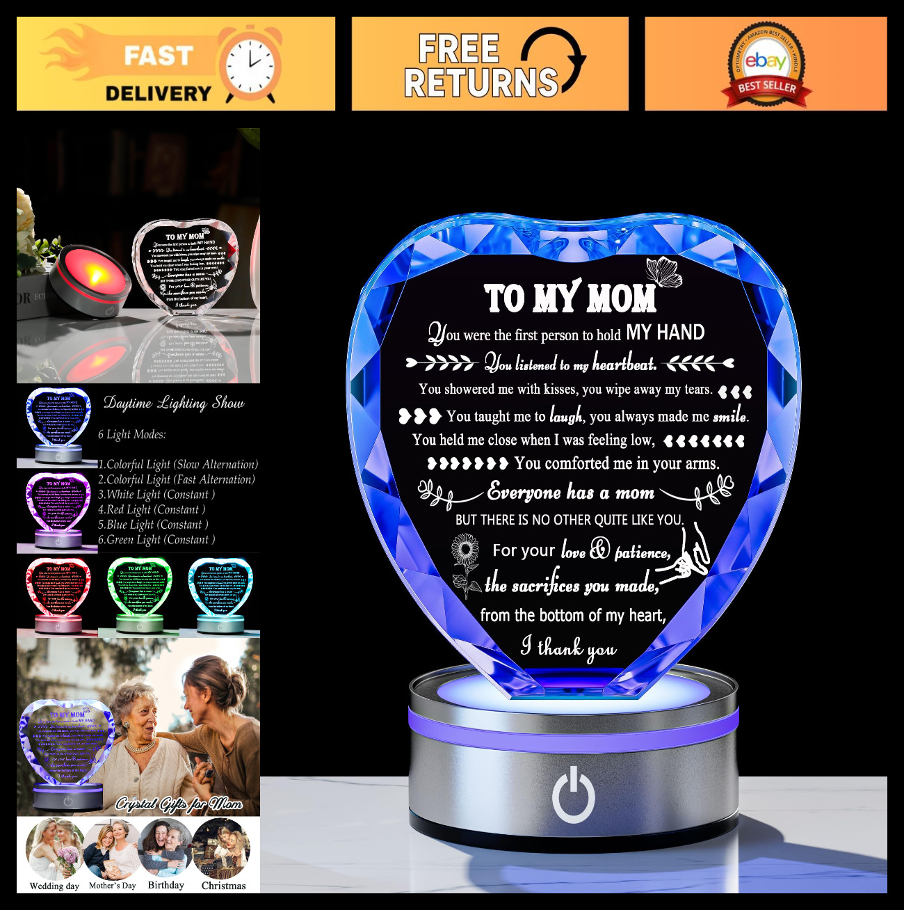 Unique Crystal Engraved Mom Gifts – LED Light Base, Funny Birthday & Anniversary