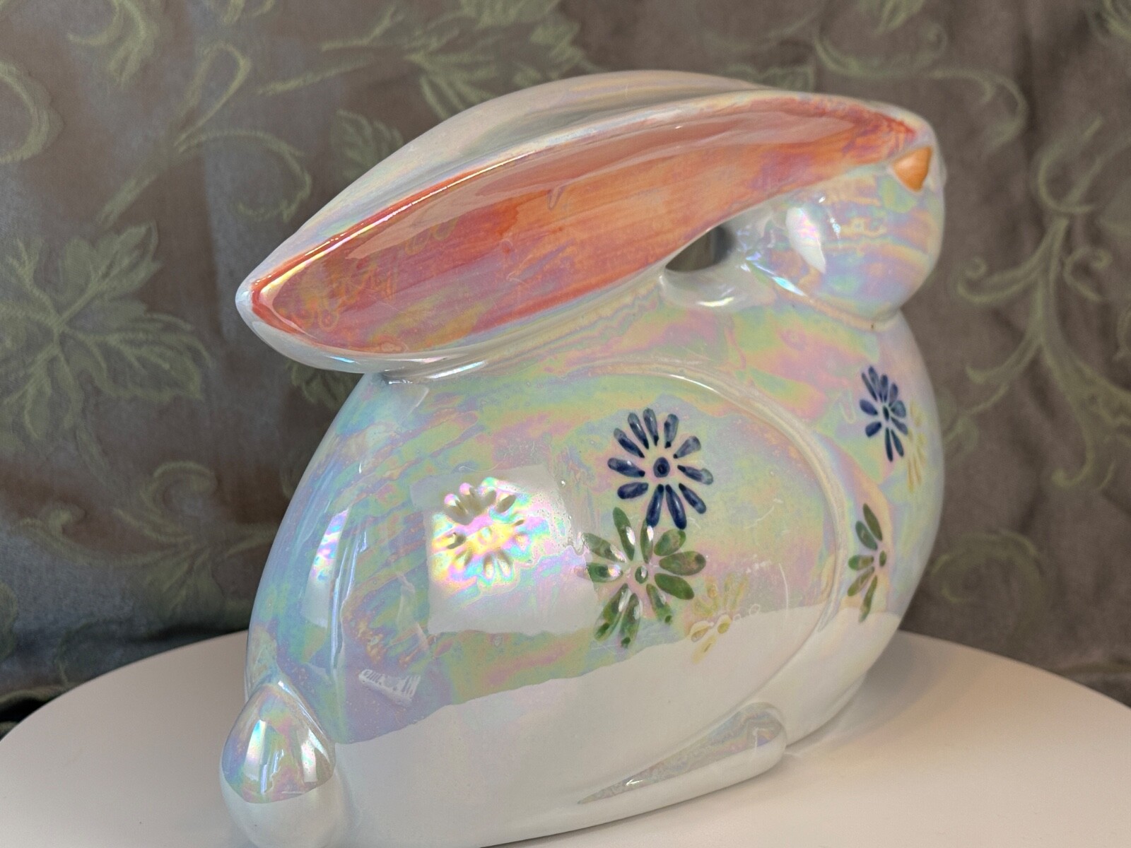 Ceramic White Iridescent Rabbit with flower decor on sides 9.5″ x 7″