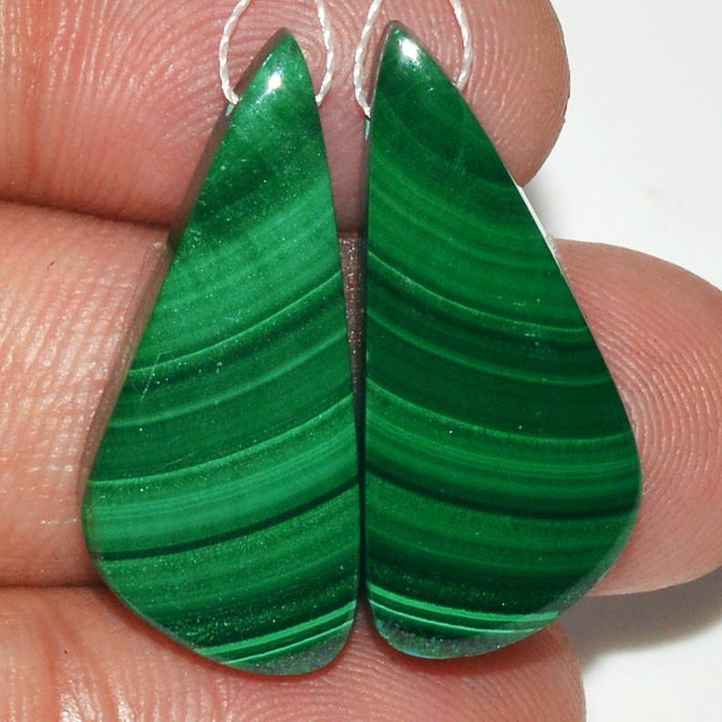 34Cts Natural Malachite Gemstone Cabochon Side Drill Earrings 28x12mm #P2465