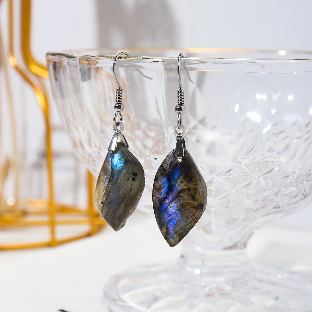 Natural Drop Labradorite Dangle Hook Earrings Crystal Quartz Healing Jewelry