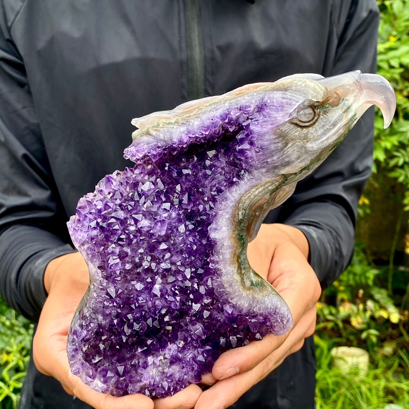 2.2LB Natural Banded Agate Geode Eagle Head Hand Carved Stone Ornament for Coll