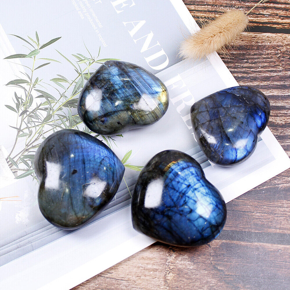 2PCS 40~45mm Natural Crystal Healing Heart Moonstone Polished Labradorite Stone~