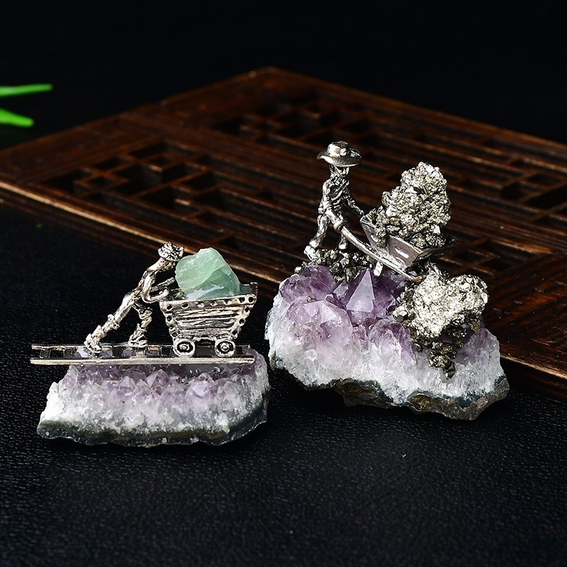 Natural Amethyst Cluster with Alloy Miner Figurine Home Decor Ornament 1PCS
