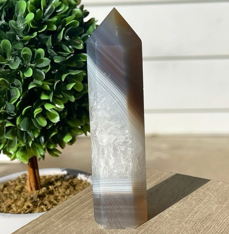 Botswana Agate Tower • Blue Grey Agate & Rainbow Quartz • Unique Crystals