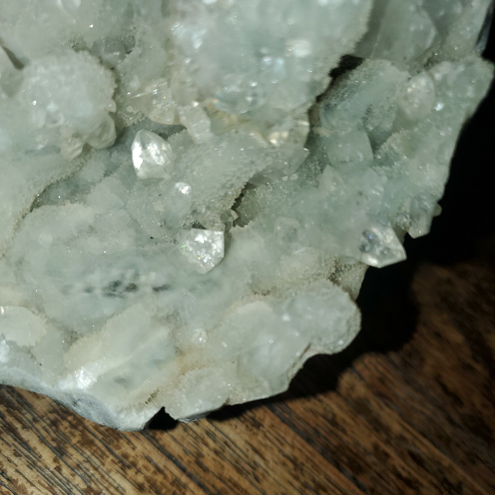 Apophylite and Calcite on Blue Chalcedony. Approx 1lb 8.1oz, 6in x 4in x 3.5in