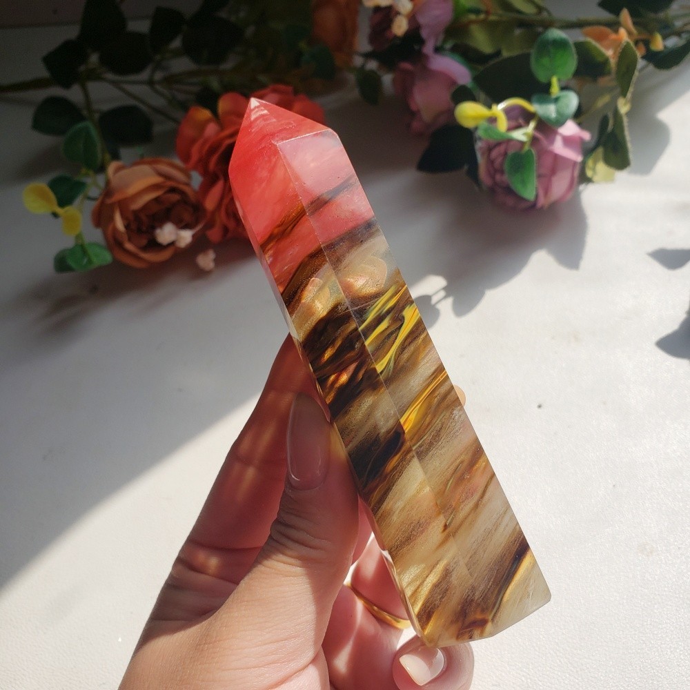 Wholesale Tiger Skin Obelisk Six Sided Polished Crystal Tower Smelt Point Decor