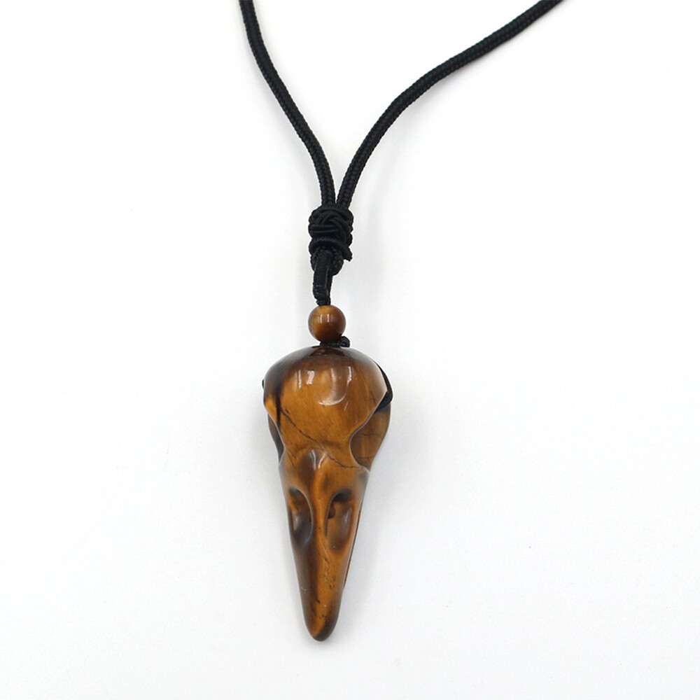 Natural Crystal Crow Head Bird Skull Hand Necklace Carving Quartz Stone Pendant