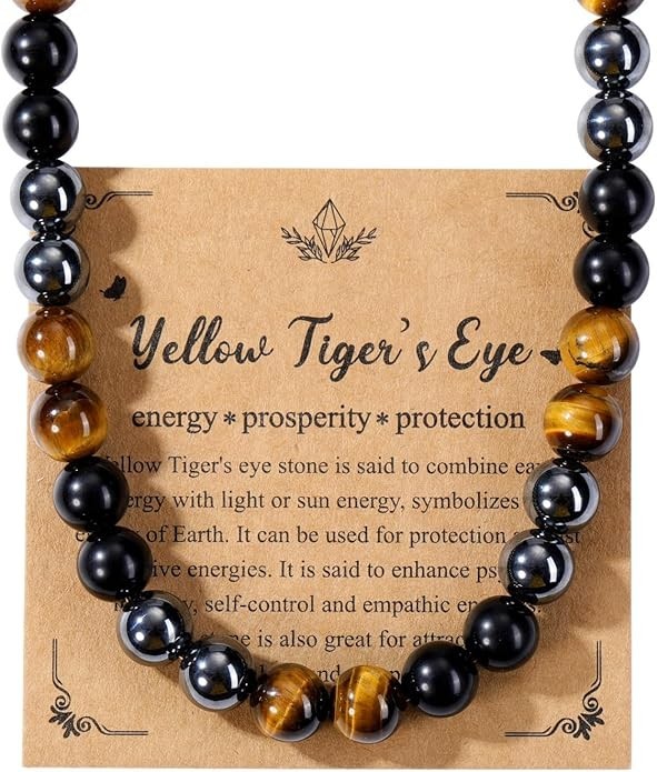 Mens Healing Crystal Black Obsidian Tigers Eye Hematite Beaded Necklace Natural