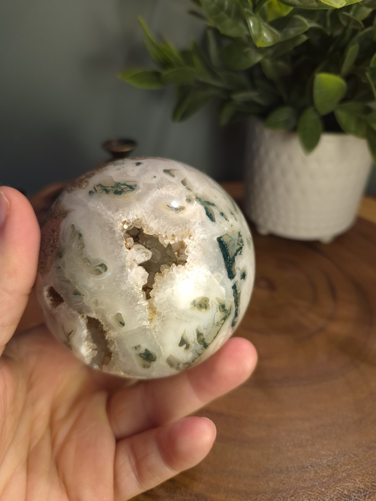 Large Green Moss Agate Sphere With Druzys