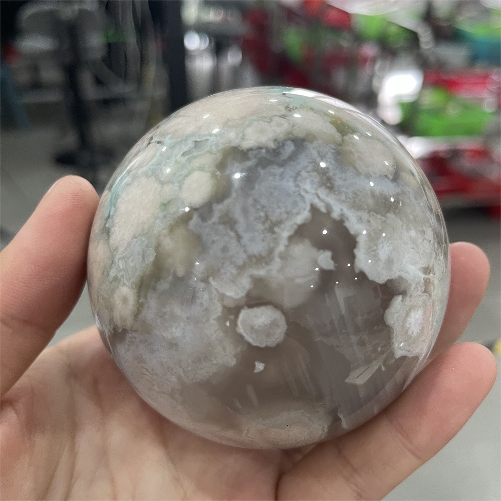 0.8LB 2.3″Hot Sale A+Natural Green Flower Agate Sphere Crystal Reiki Ball Decor