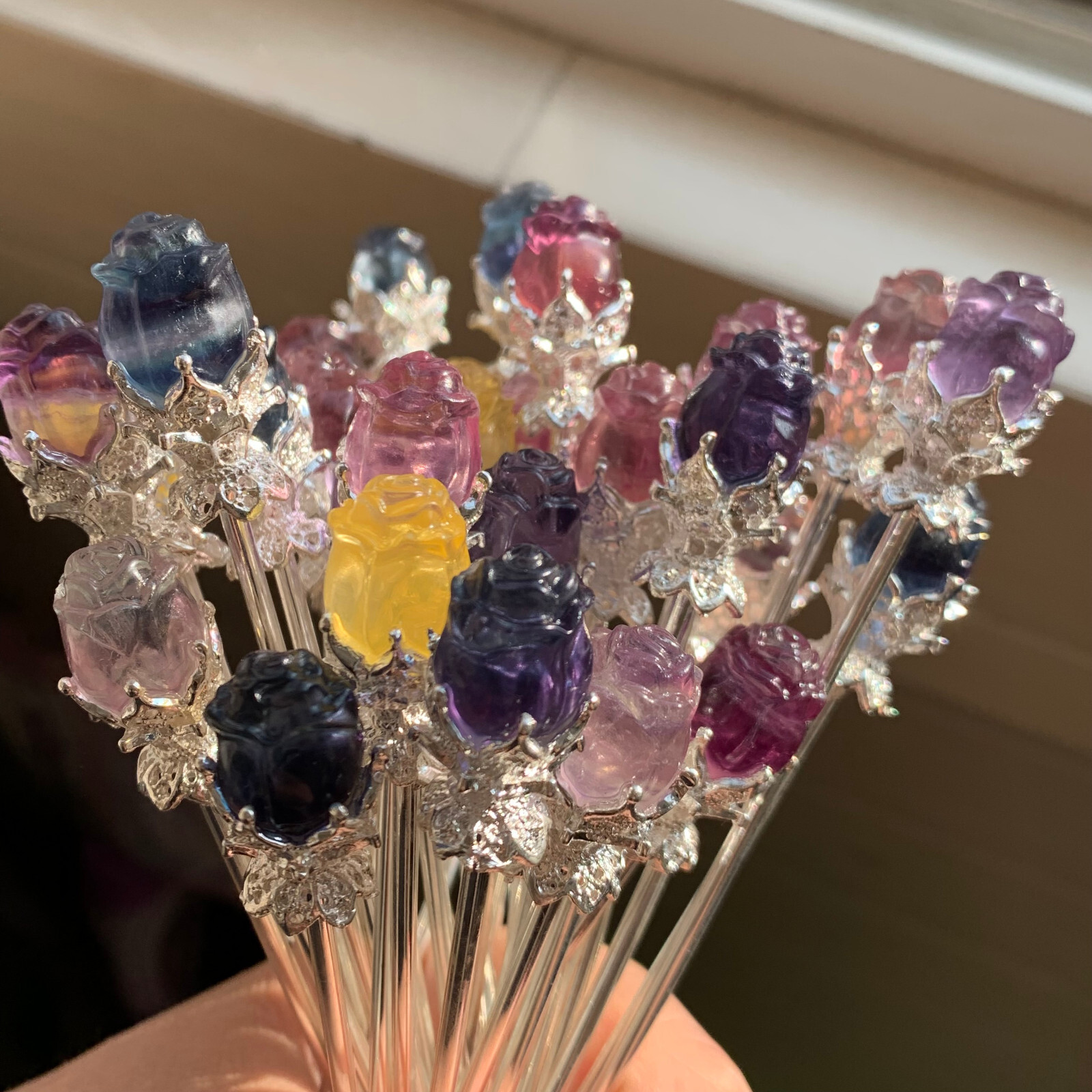 5pc Natural fluorite carved rose hairpin quartz crystal reiki healing random
