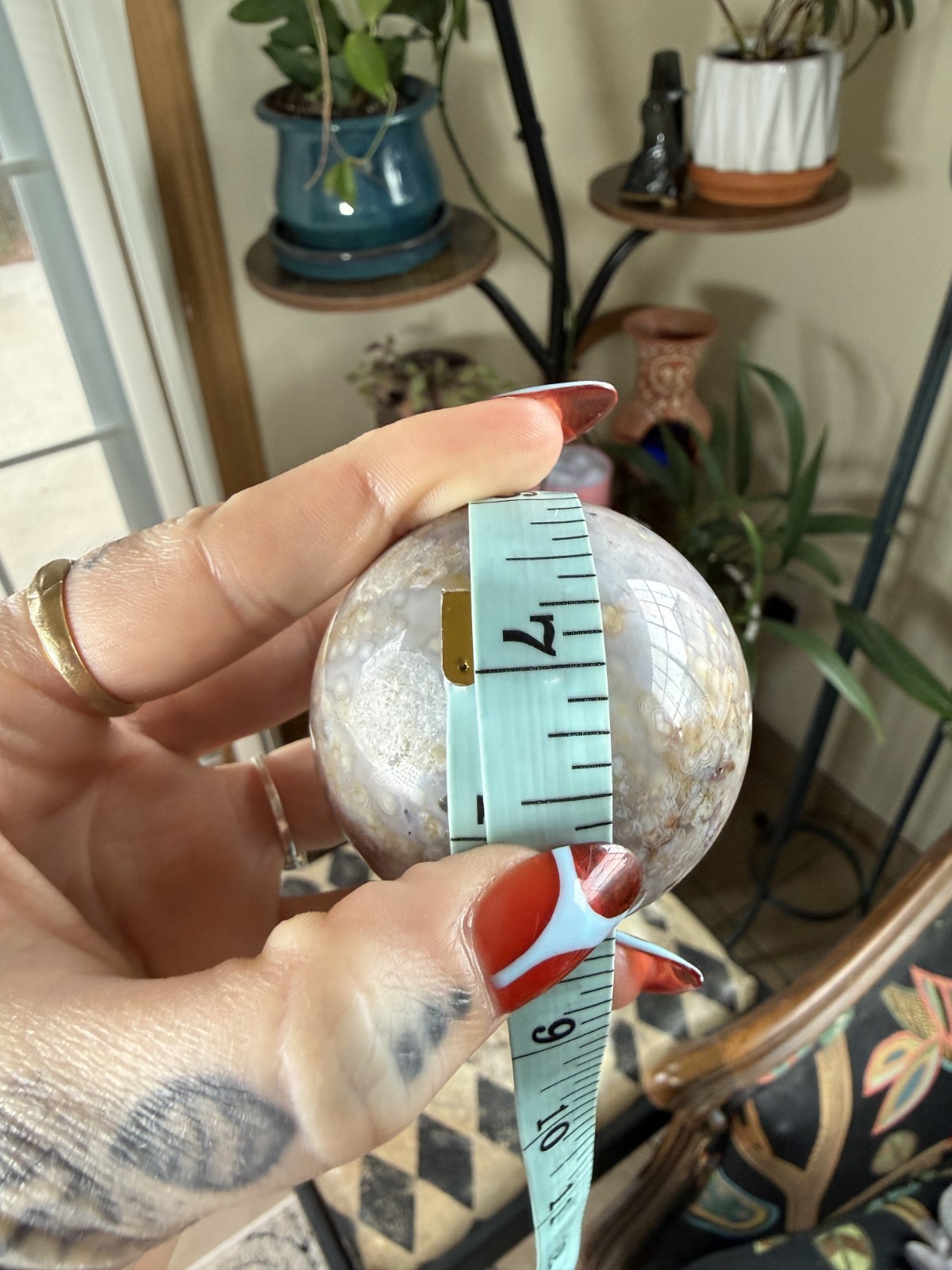 8th Vein Ocean Jasper Sphere – Pink, Green & White Orbs – 7.09 oz