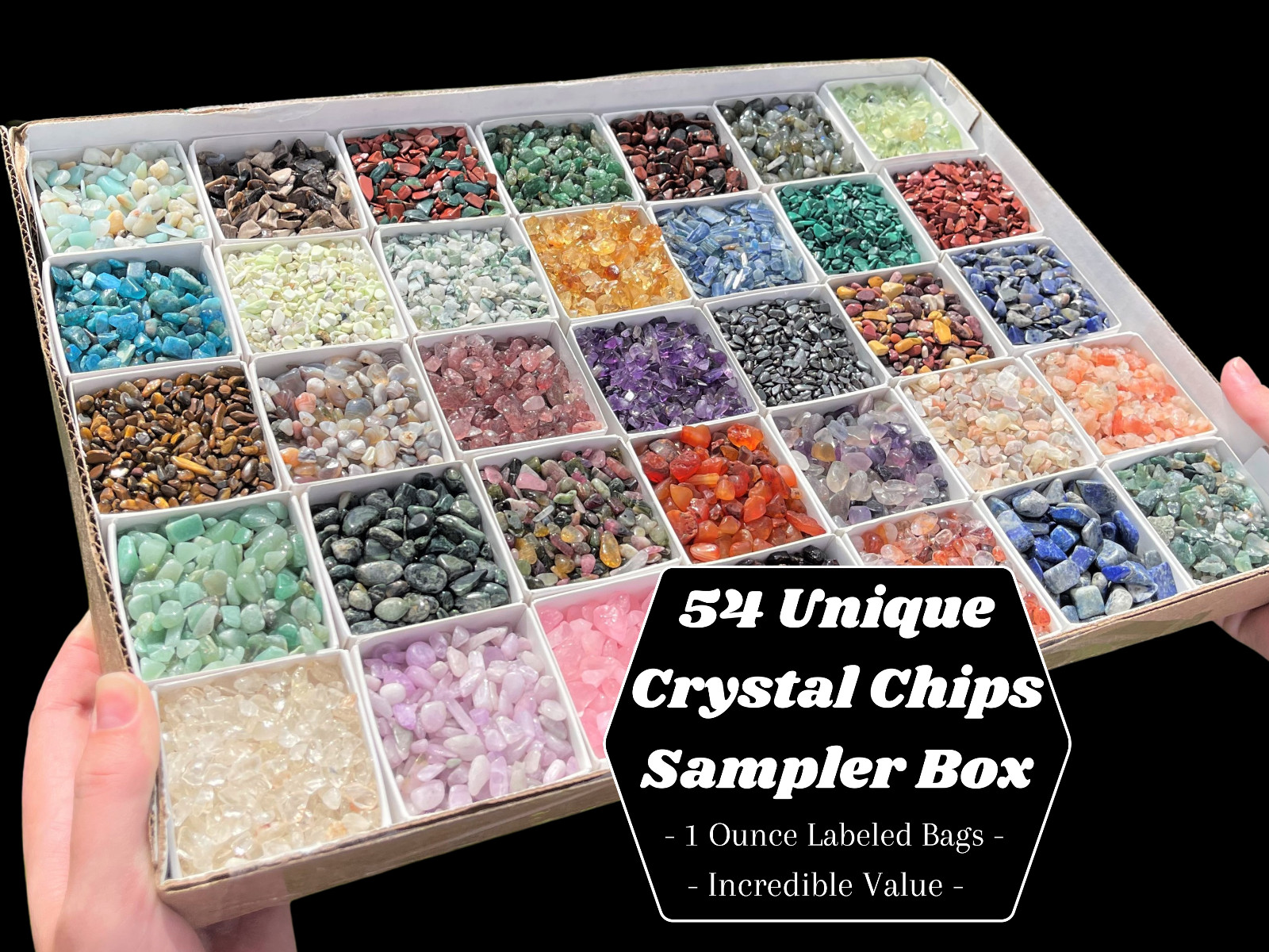 Gemstone Chip Sampler Gift Box – 1 oz Lots of 54 Unique Crystal Chips