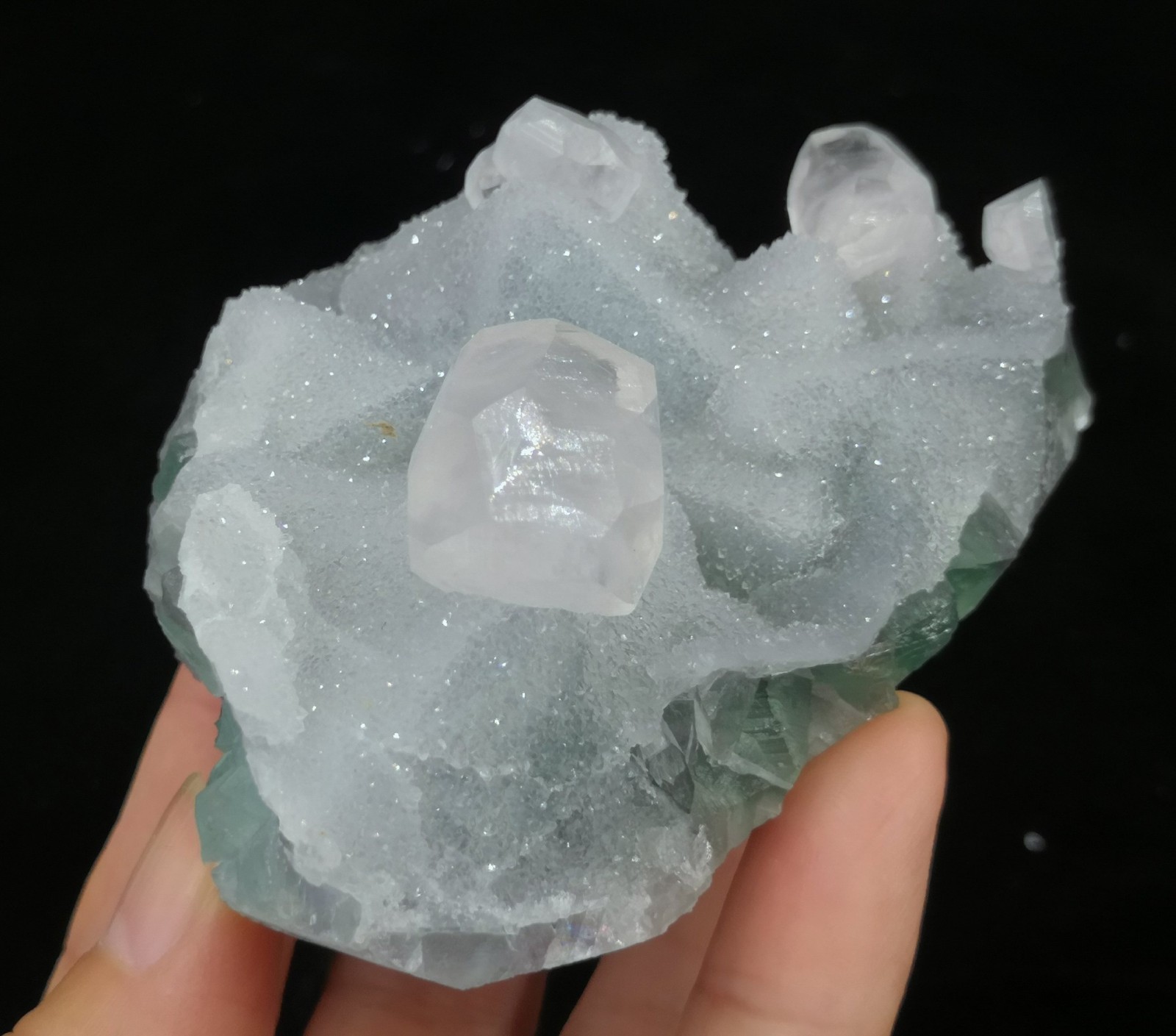 Clear Calcite on sparkling Quartz coated Octahedron Green Fluorite, 88mm 235g