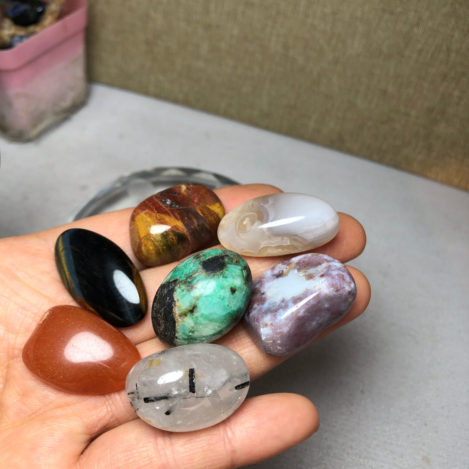 Natural various semi-precious stone Crystal Seven Star Array tumbled 302g A2816