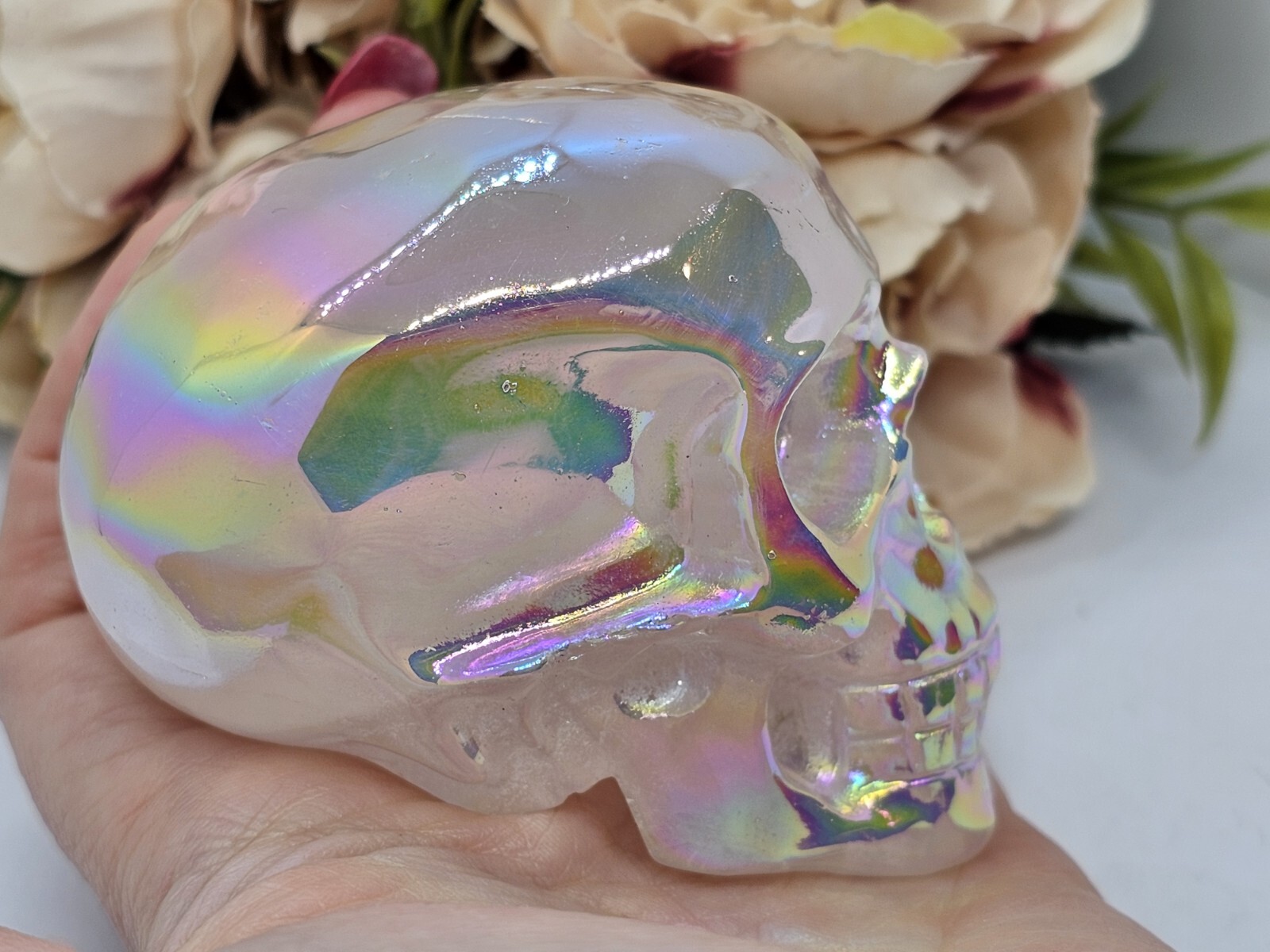 *SALE* Angel Aura Rose Quartz Rainbow crystal Skull 281g 5x7x4.8cm